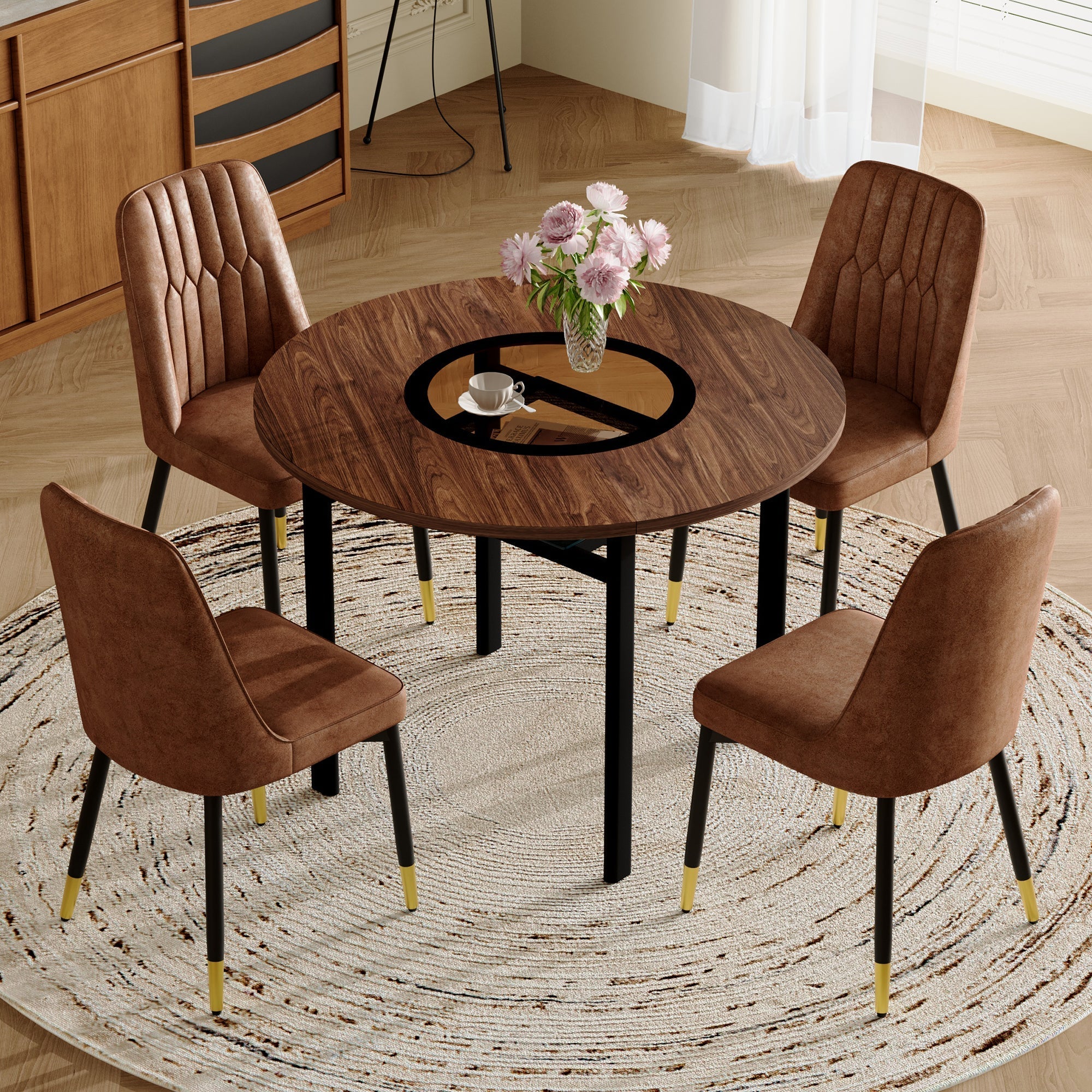 Dining Set Round 100cm Wood Look Table with 4 Chairs Brown Tech Fabric