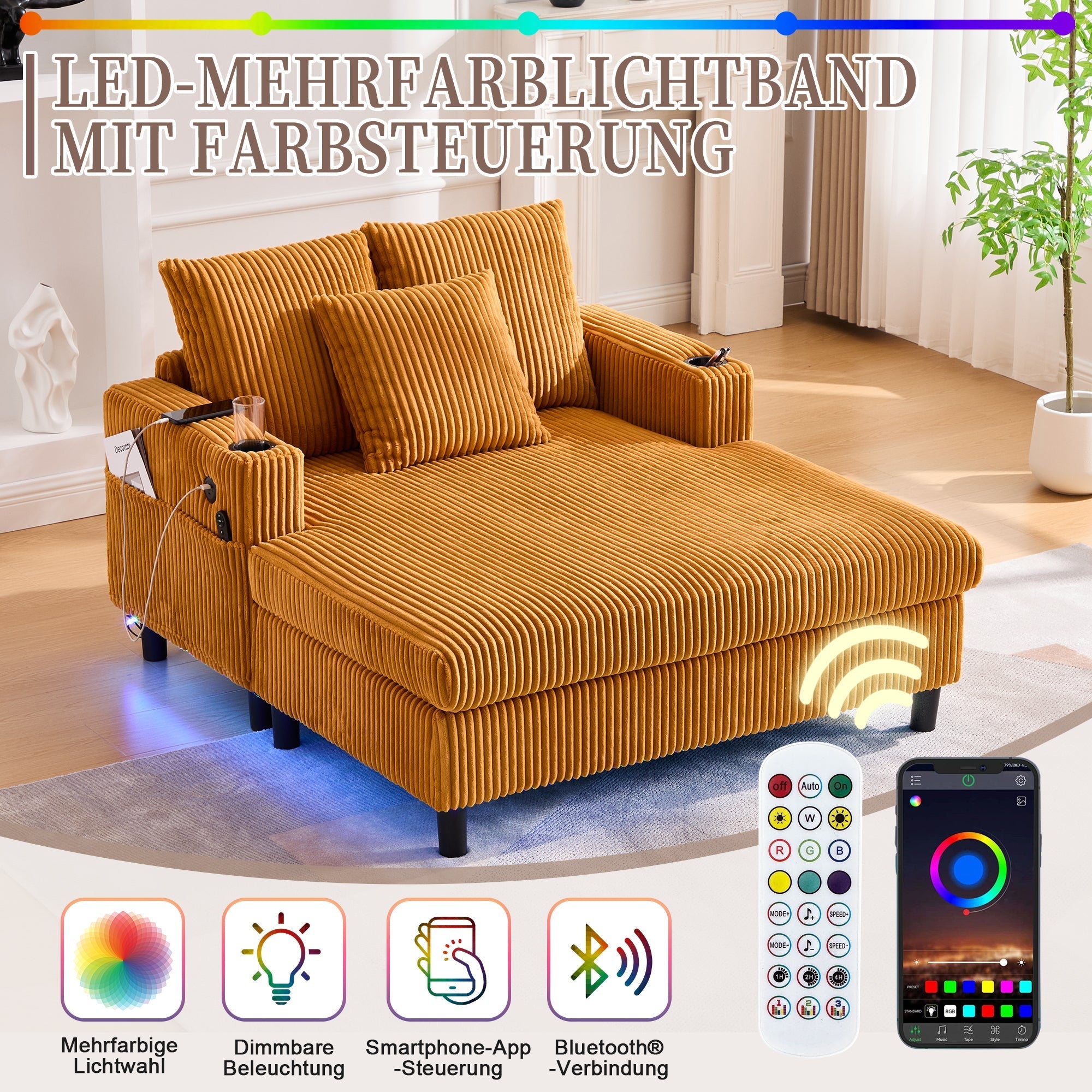 Chaise Longue Recliner, Soft, with Cupholders, USB, LED Lighting