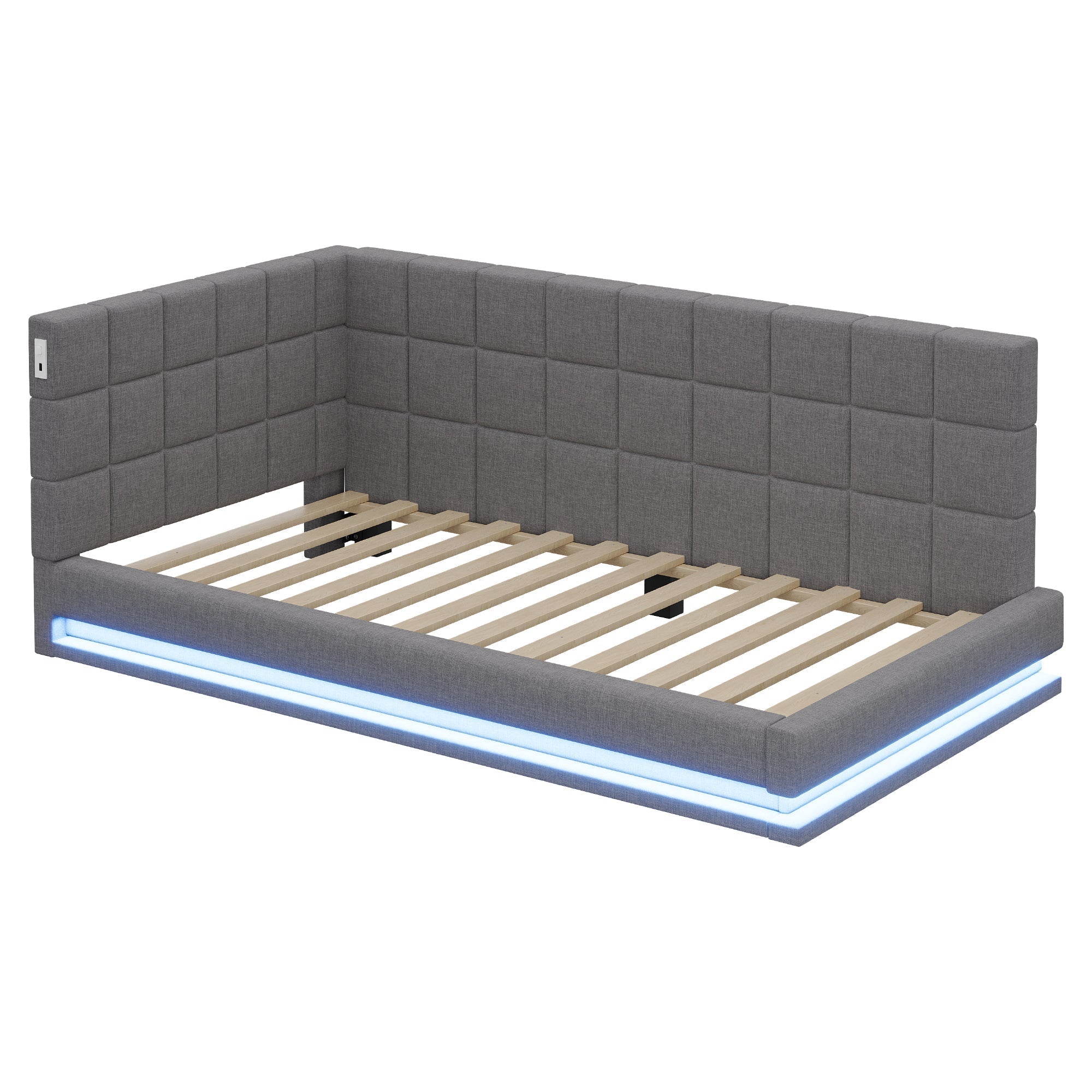 Upholstered Bed Sofa, 90x200 Multifunctional with LED & USB, Linen Fabric Grey