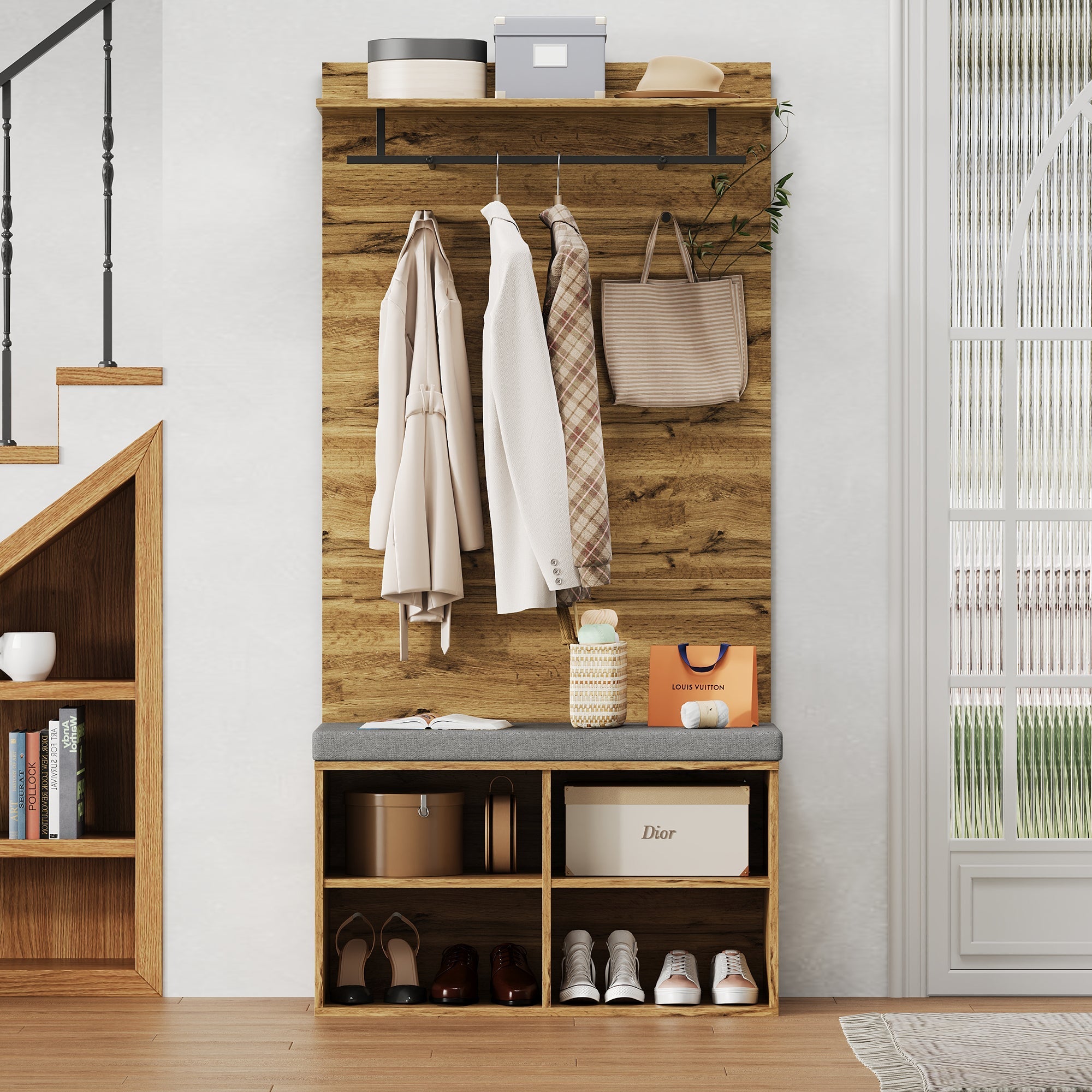 Wardrobe Set with Shoe Bench, Adjustable Shelf & Clothes Rail, 175cm High, Wood Look