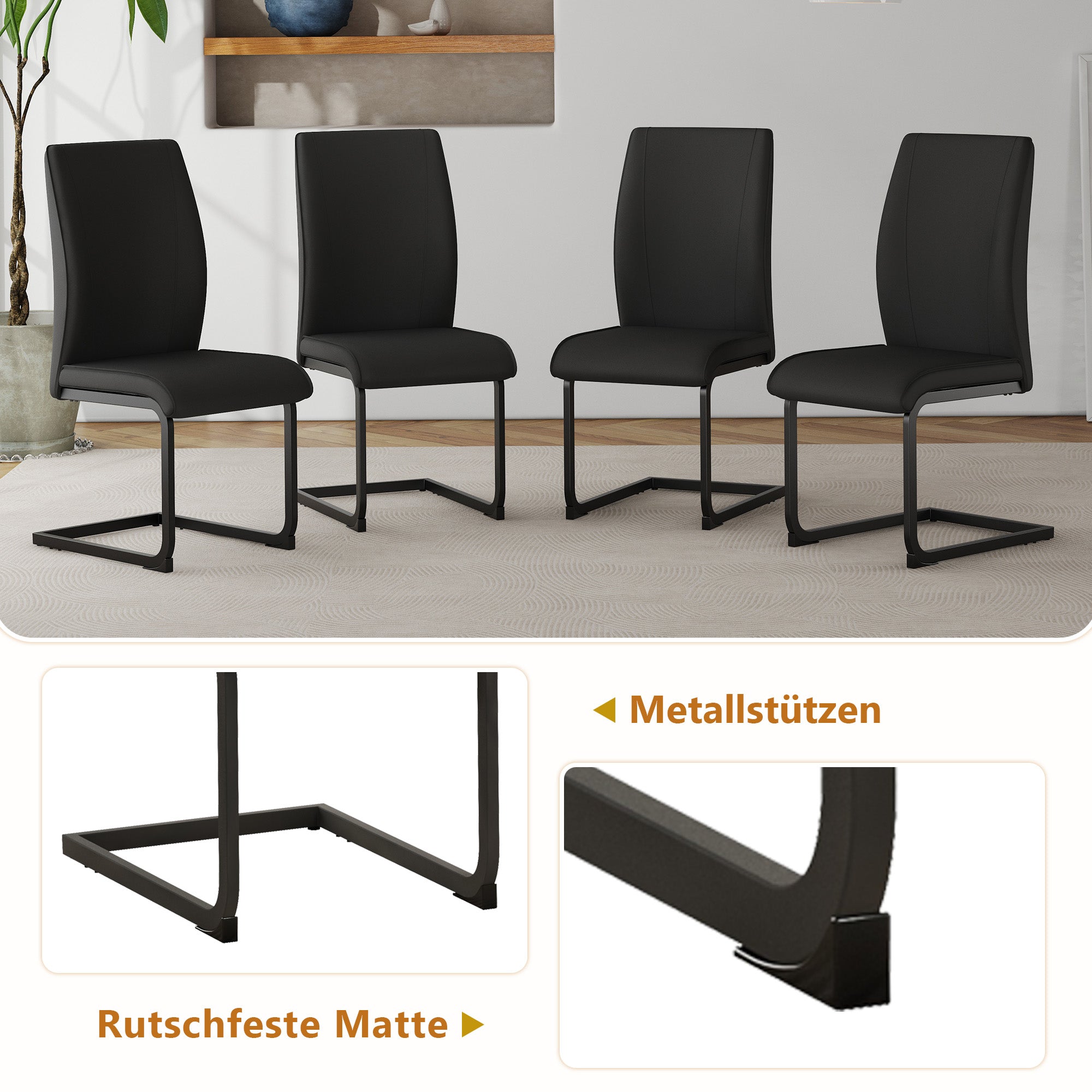 Dining Table Set Rectangular Storage Shelf 6 Armchairs - Faux Leather Black