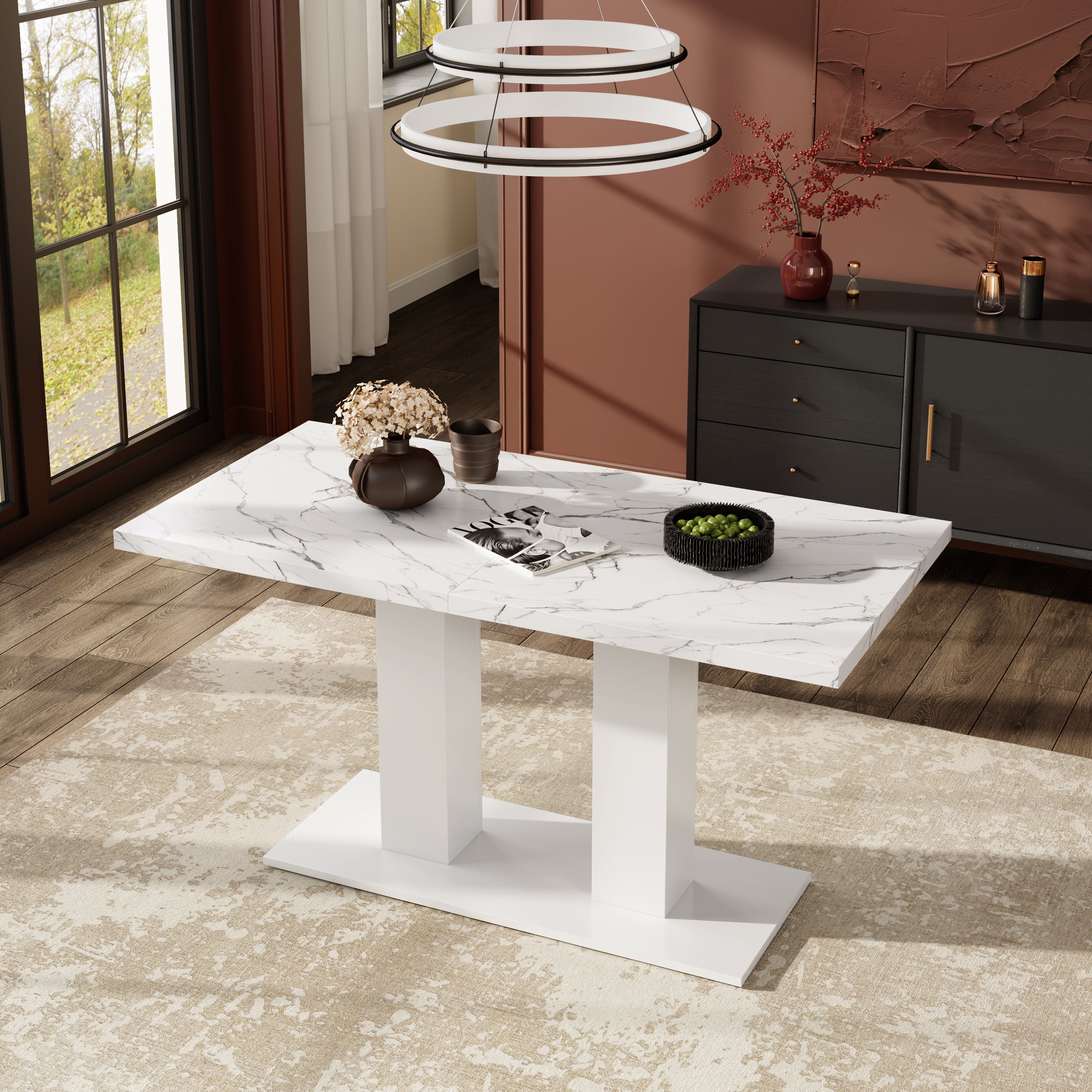 Extendable Dining Table, 140/180x70cm for 6-8 People, Rectangular Thickened Tabletop, White