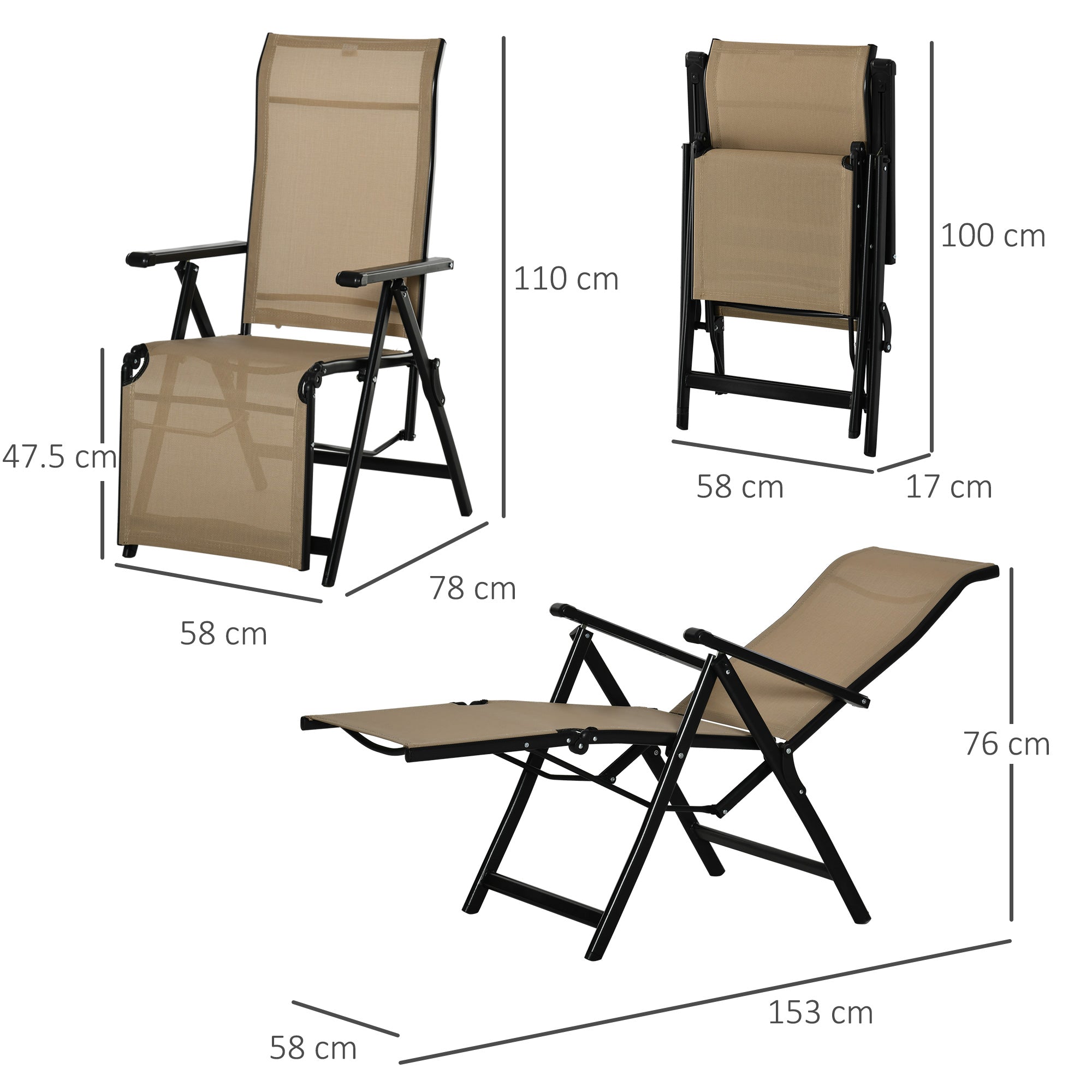 Outdoor Sun Lounger Set of 2, 10-Position Adjustable Folding with Footrest, Beige Texteline