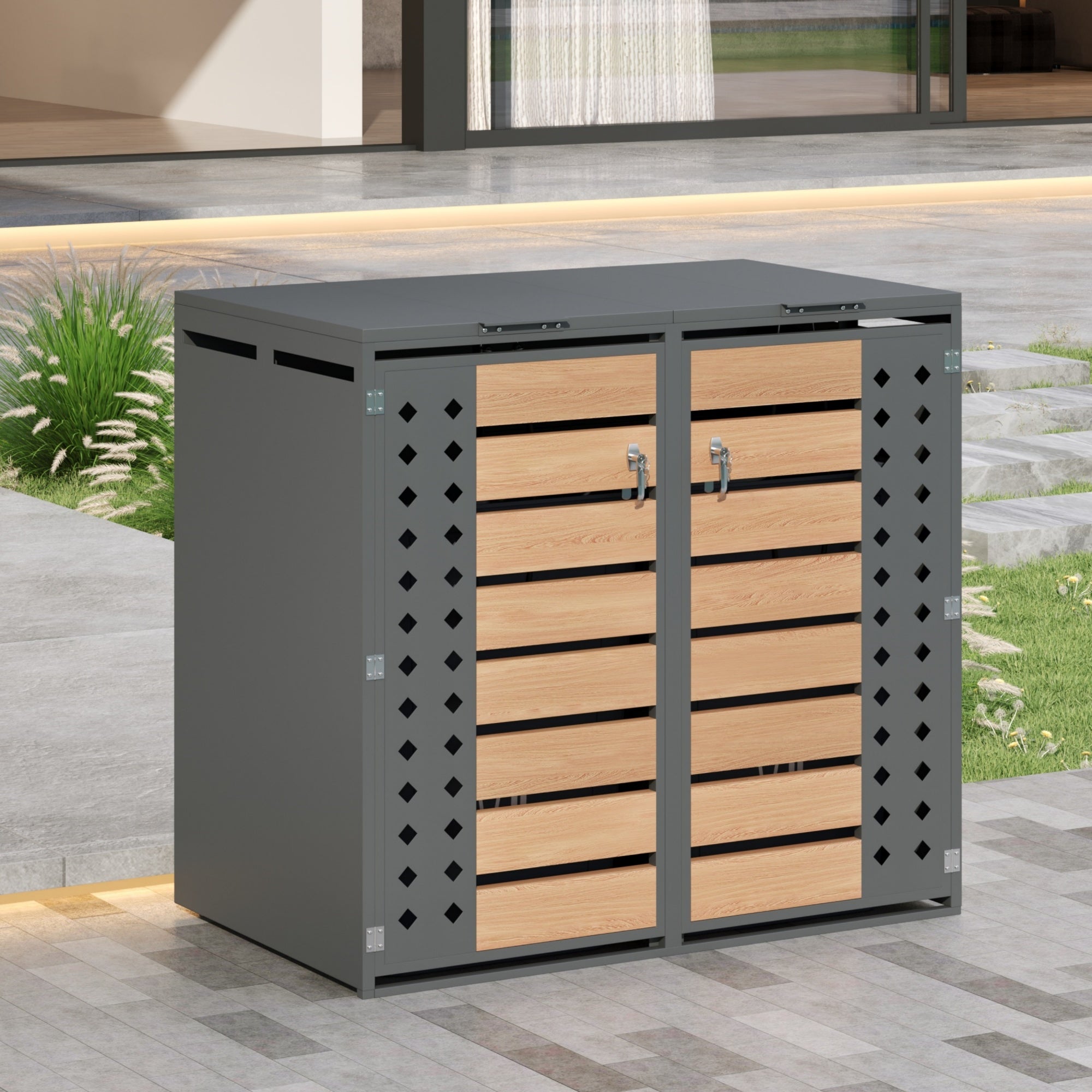 Bin Storage Box with Hinged Lid, Lockable Two Doors and Diamond-Hollow Door Panel