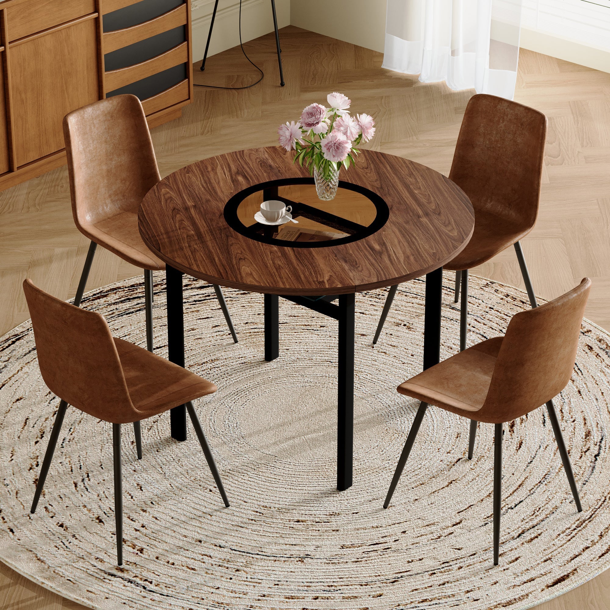 Round Table Set, Modern Minimalist 100cm with Storage, 4 Armchairs, Brown Wood Look/Brown Fabric