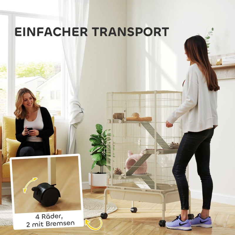 Kleintierkäfig, 4 Ebenen mit Futternapf und Trinkflasche, Beige