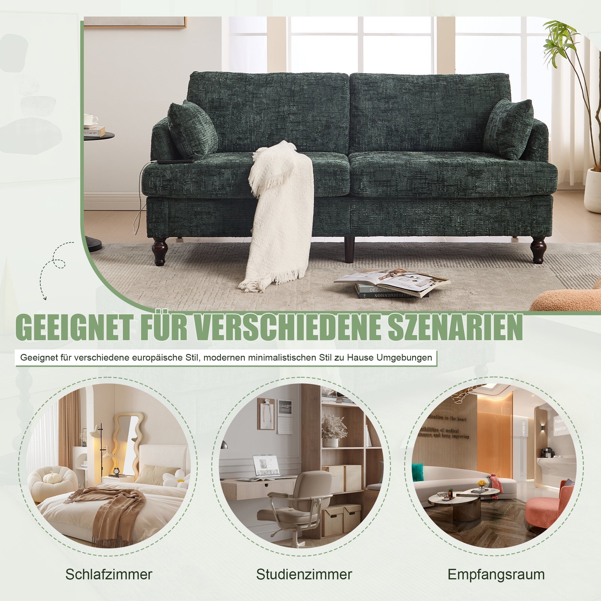 Sofa, Modern 2-Seater with LED Light, USB Port, Storage Bag, Chenille