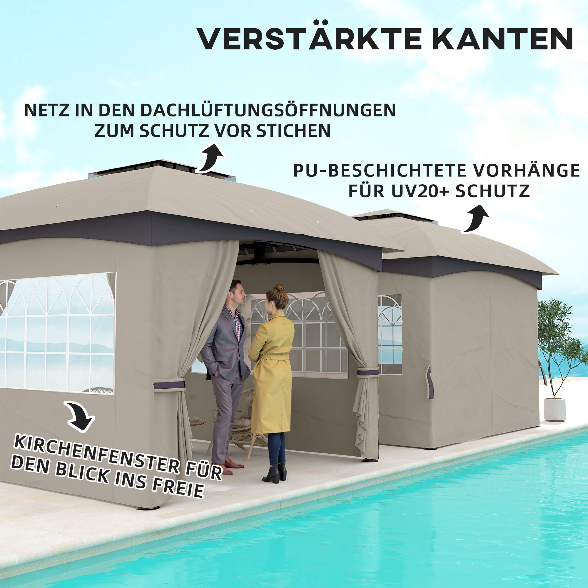 Pavilion 3.4x3.4m Double Roof, 4 Side Panels, Water-Repellent, UV Protection Galvanized Metal Frame, Light Grey