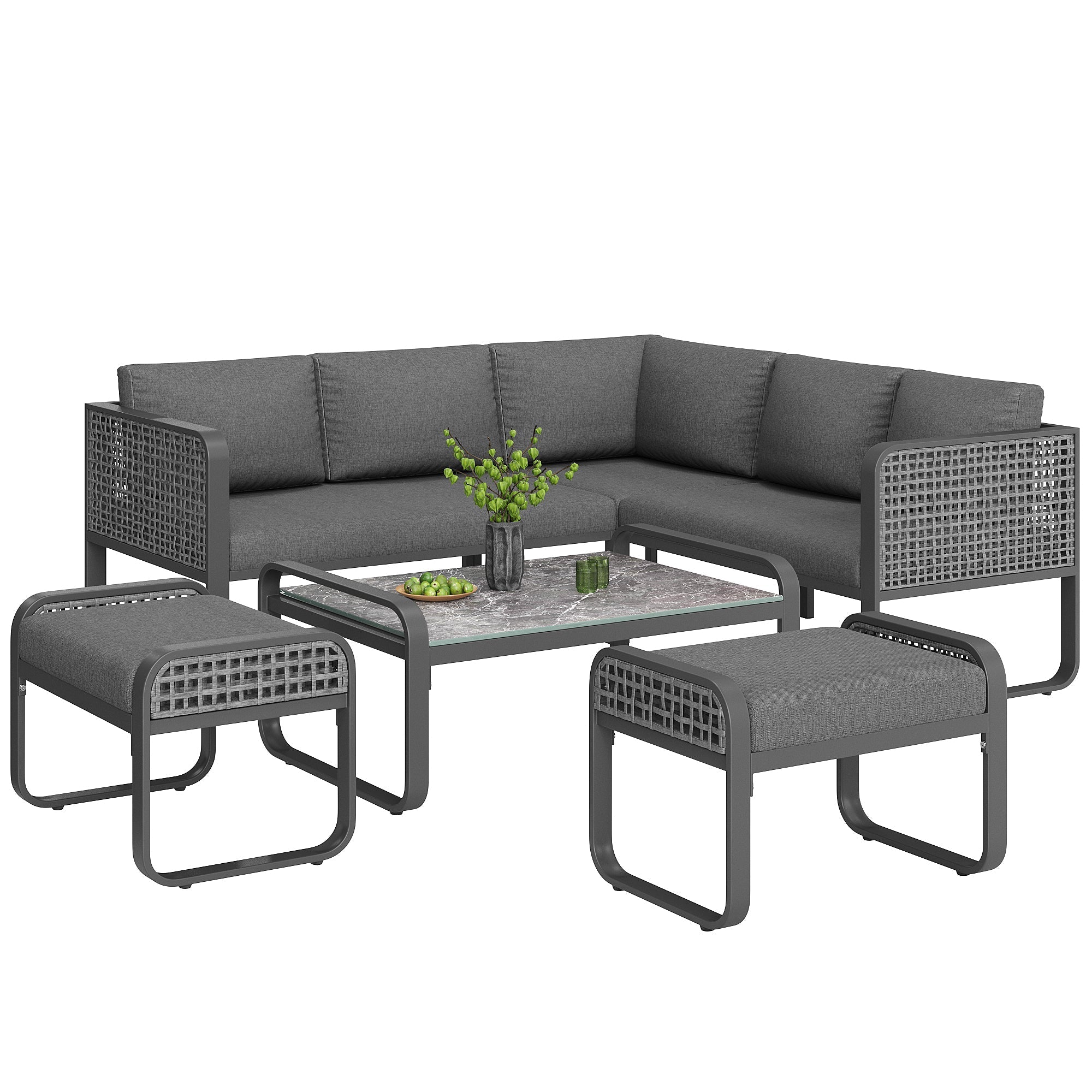 Outdoor Garden Lounge Set, 6-7 People Corner Sofa with Adjustable Legs, Grey Rattan
