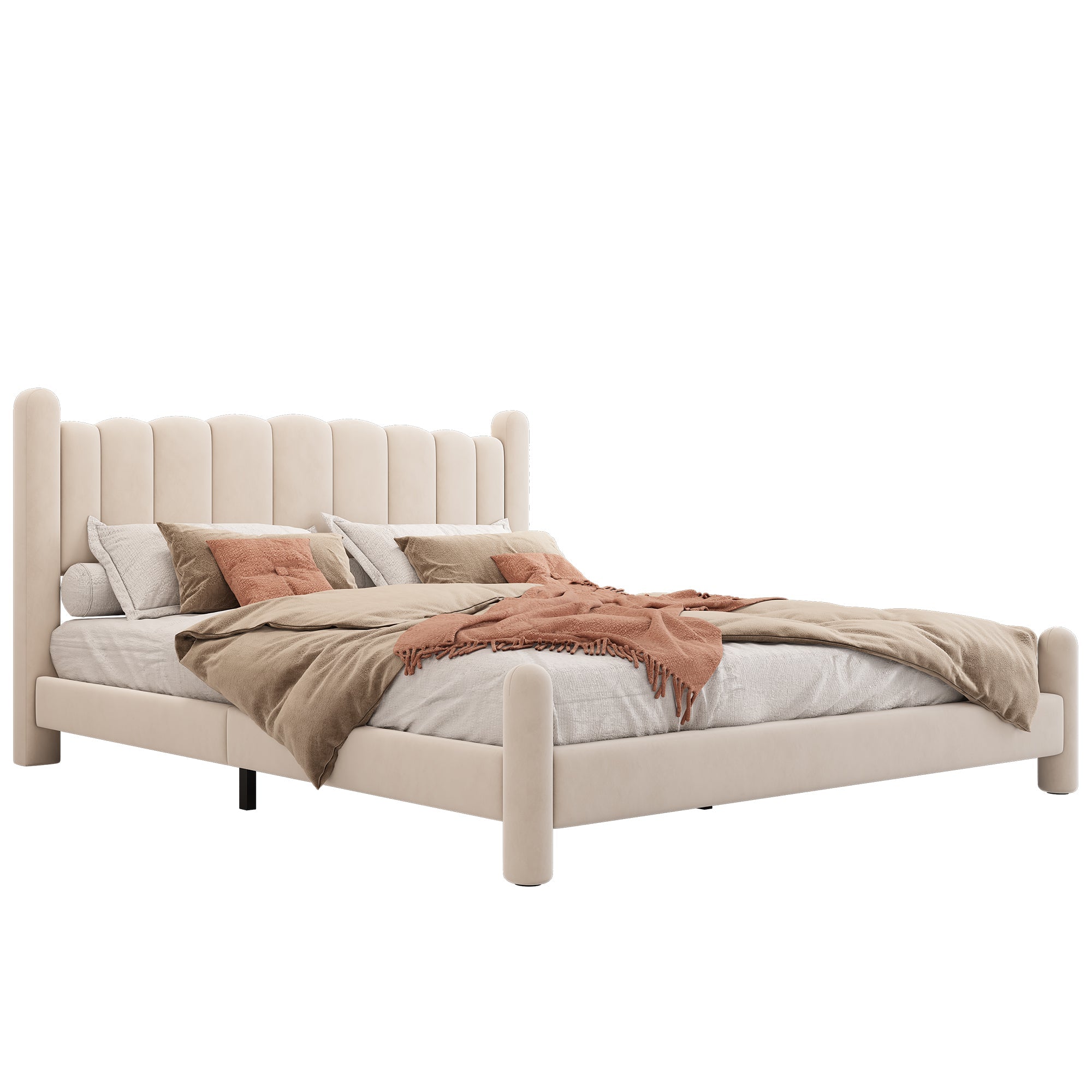 Upholstered Bed 180x200cm Slatted Base Fan-Shaped Headboard Beige Velvet