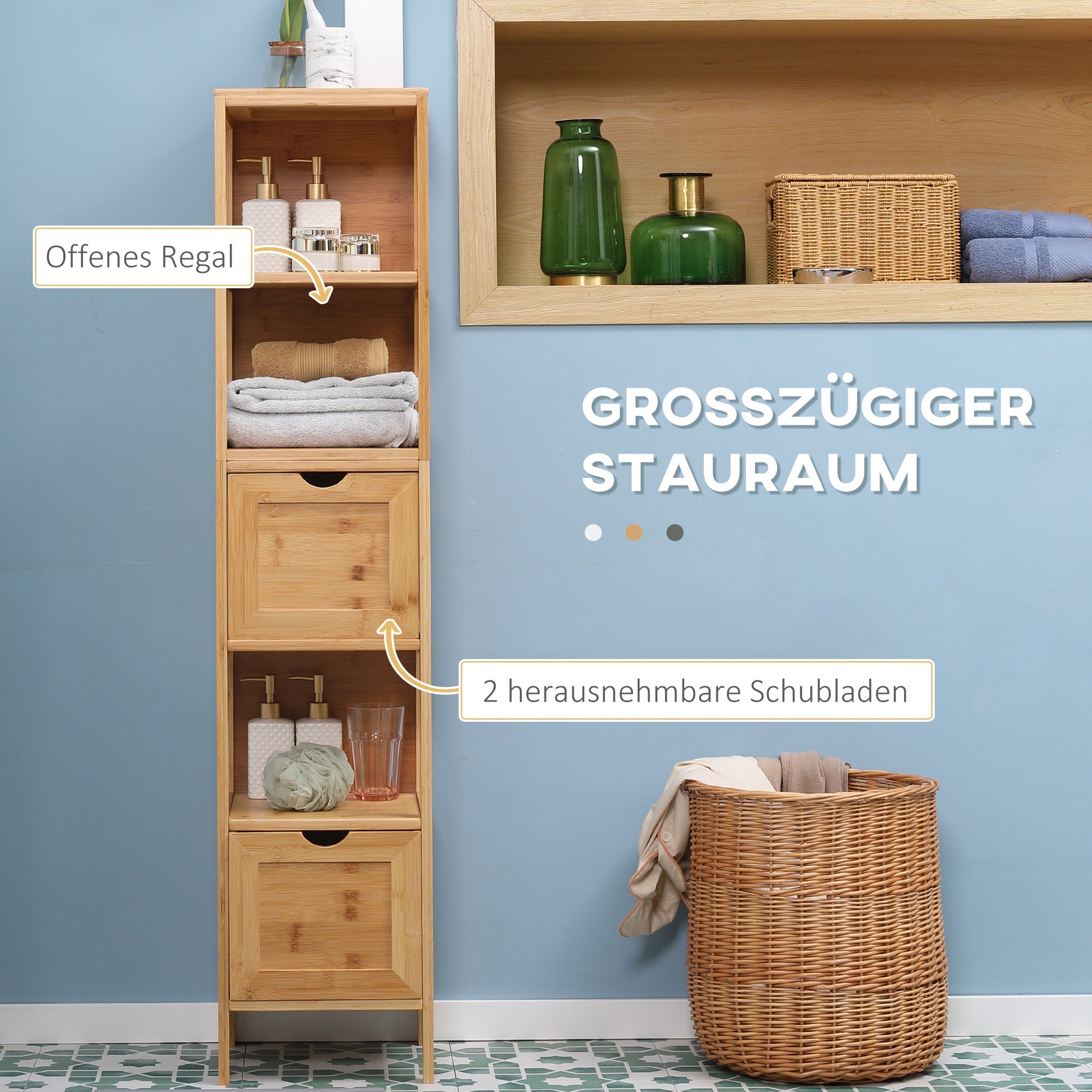 Kleankin Bathroom Cabinet, Tall with 3 Shelves 2 Drawers, Bamboo