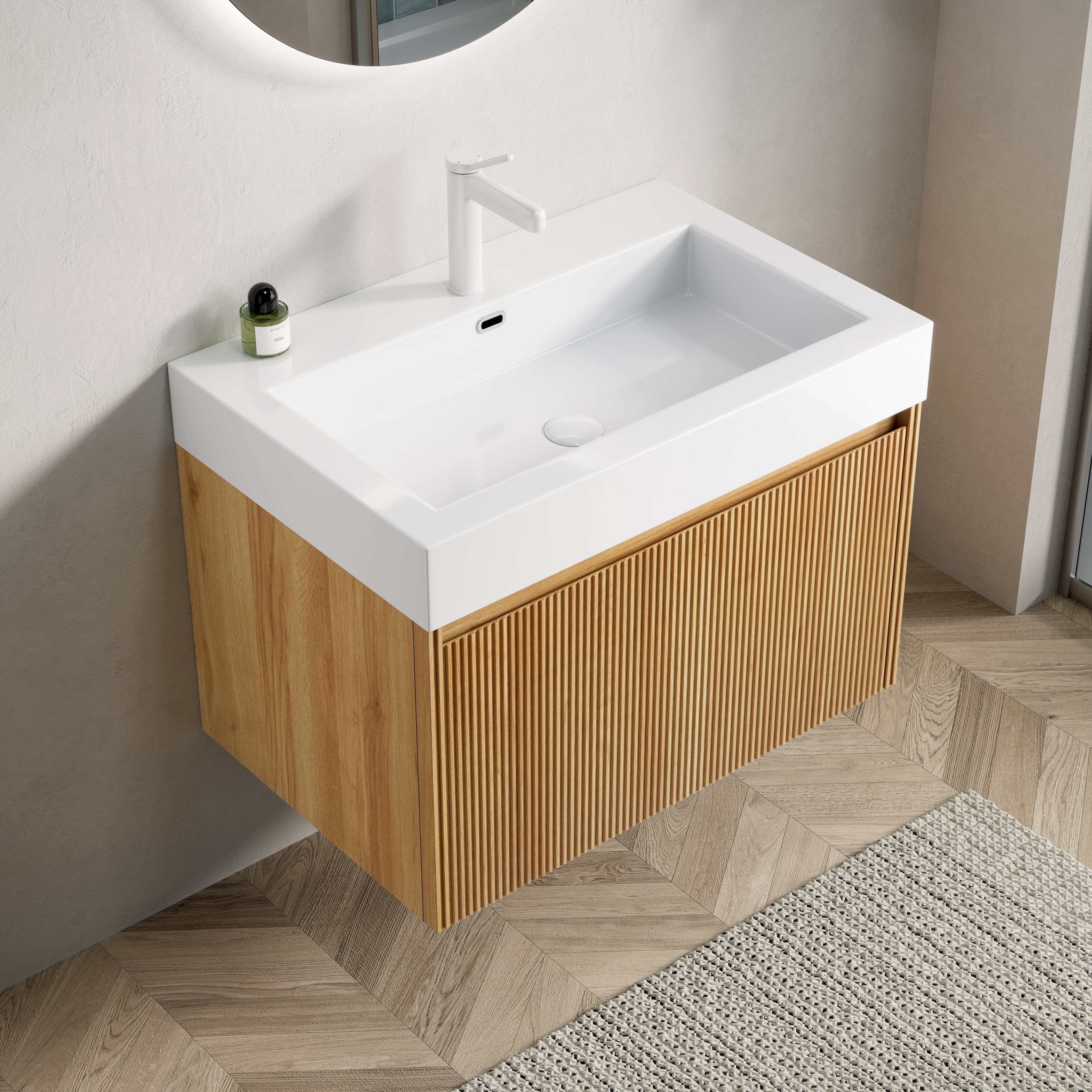 Wall-Mounted Bathroom Vanity Unit with Resin Basin and Drawer, Natural Wood Grain
