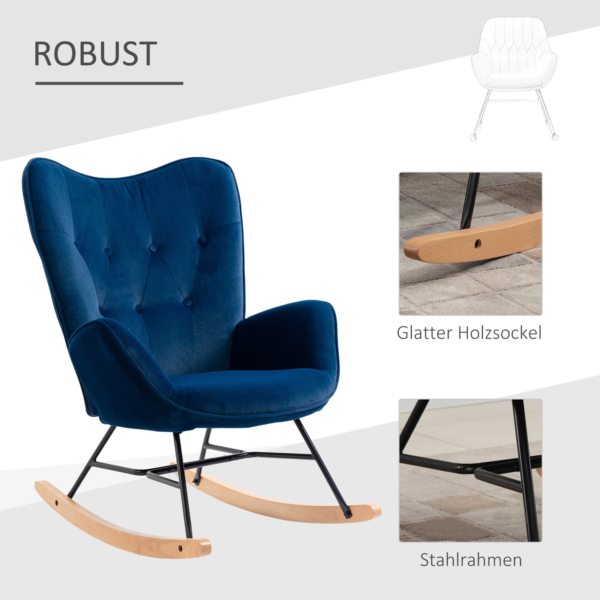 Rocking Chair with Ears, Padded, Velvet Fabric Blue