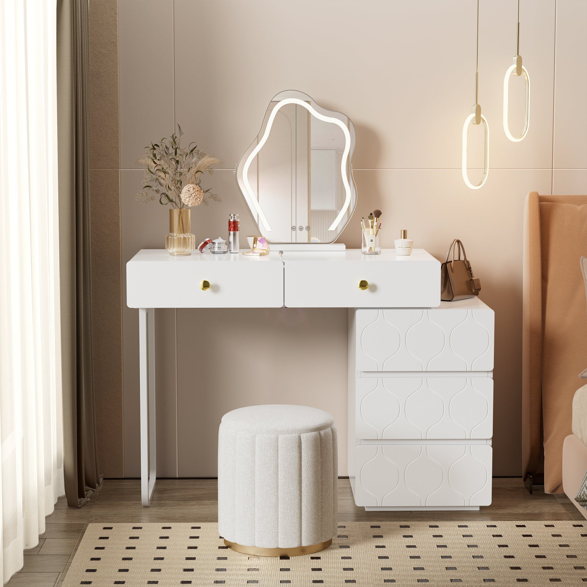 Dressing Table with 5 Drawers and Interchangeable Cabinet, 90x40x73.5cm, White Wood