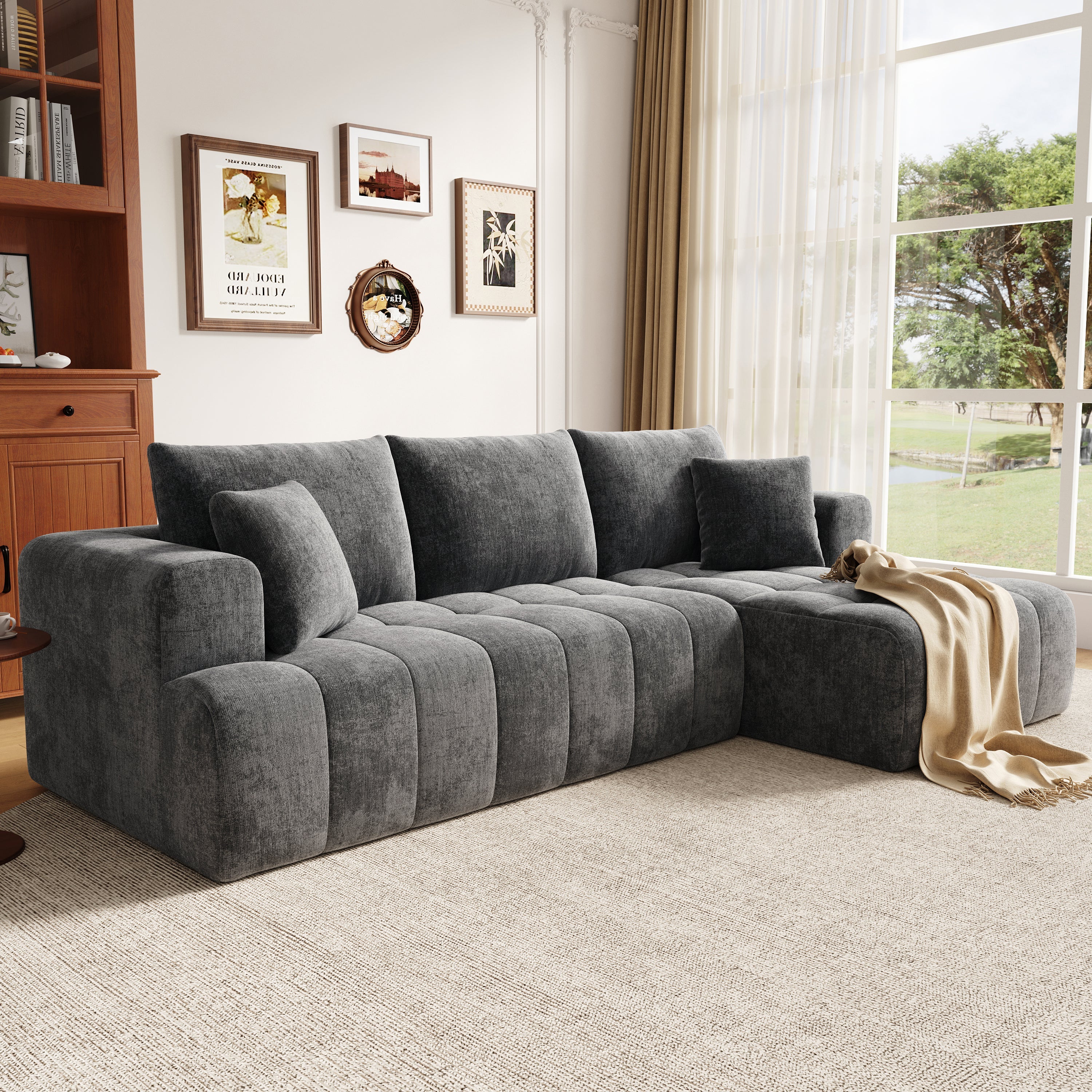 Modular L-shaped Corner Cloud Sofa, Frameless Low-Profile Design, Gray Chenille Fabric