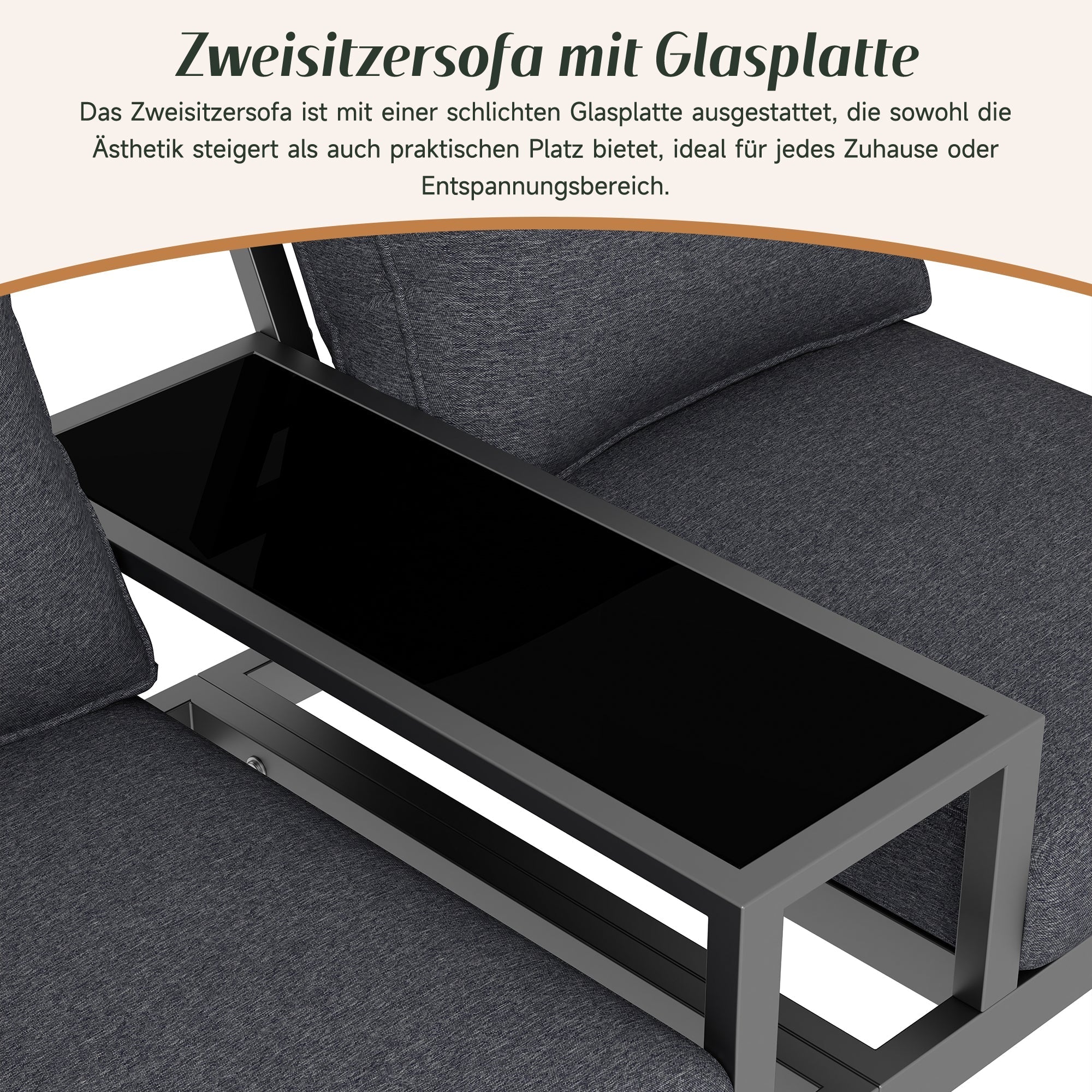 Garden Furniture Set, 2-Seater Outdoor Sofa with Glass Top and Woven Armrests, Grey Galvanized Iron