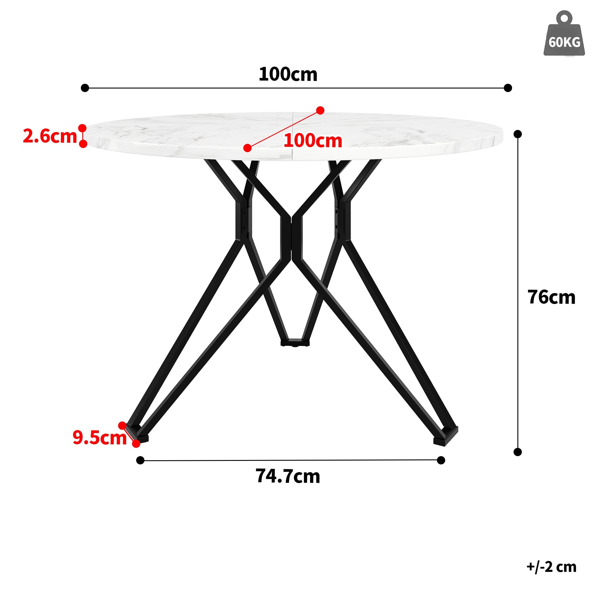 Dining Table Set 5-Piece 100cm Round MDF Marble Top Black Metal Legs Grey Linen