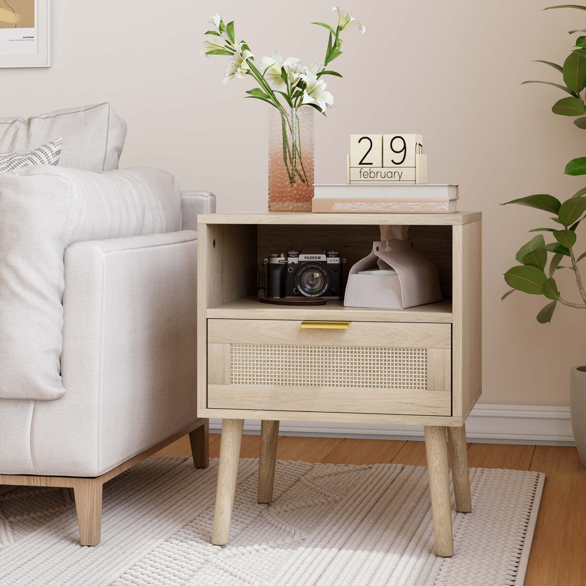 Bedside Table Open Shelf Gold Handle 45x40cm Vine