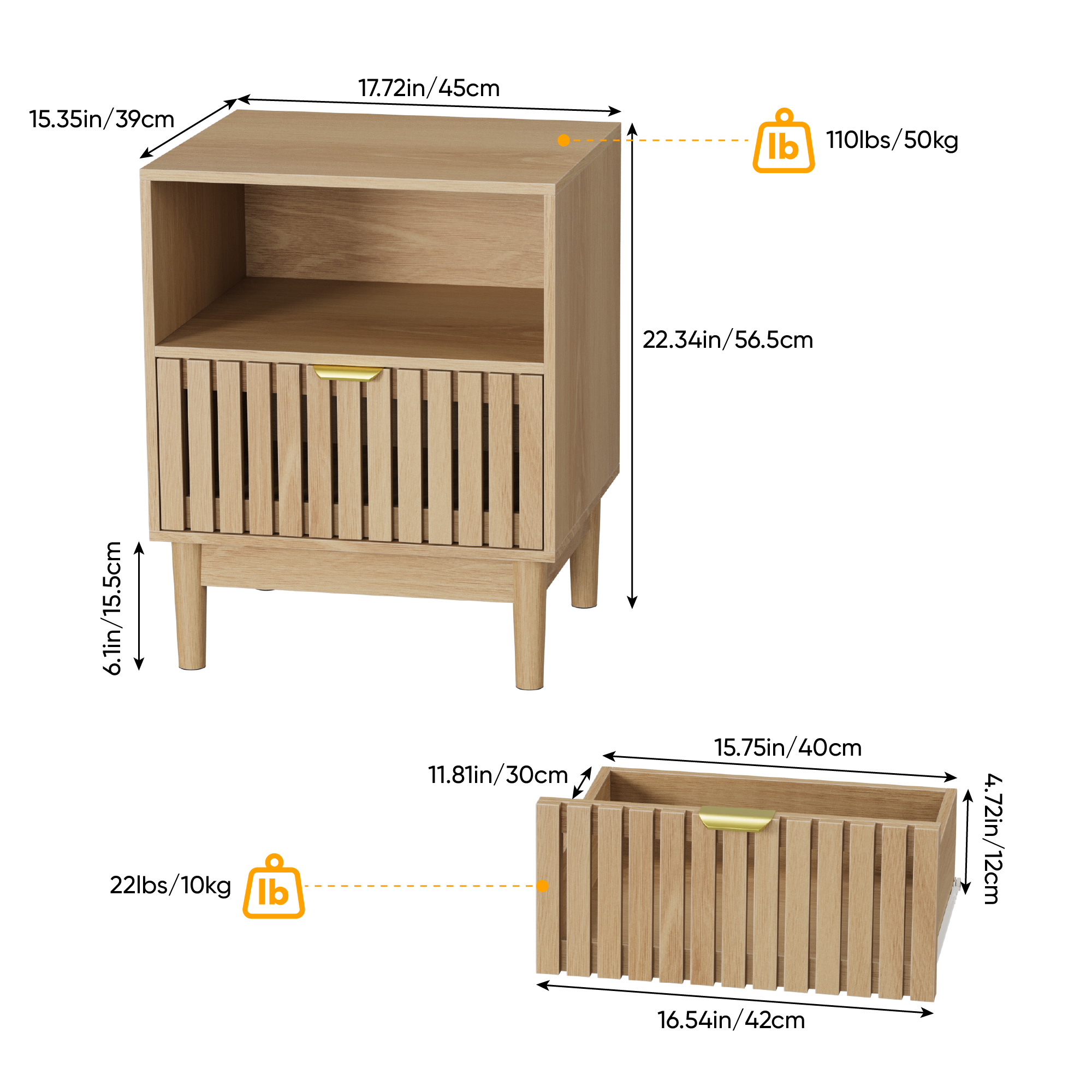 Modern Bedside Table with 1 Drawer and Slatted Design, 45x39x56.5cm, Oak