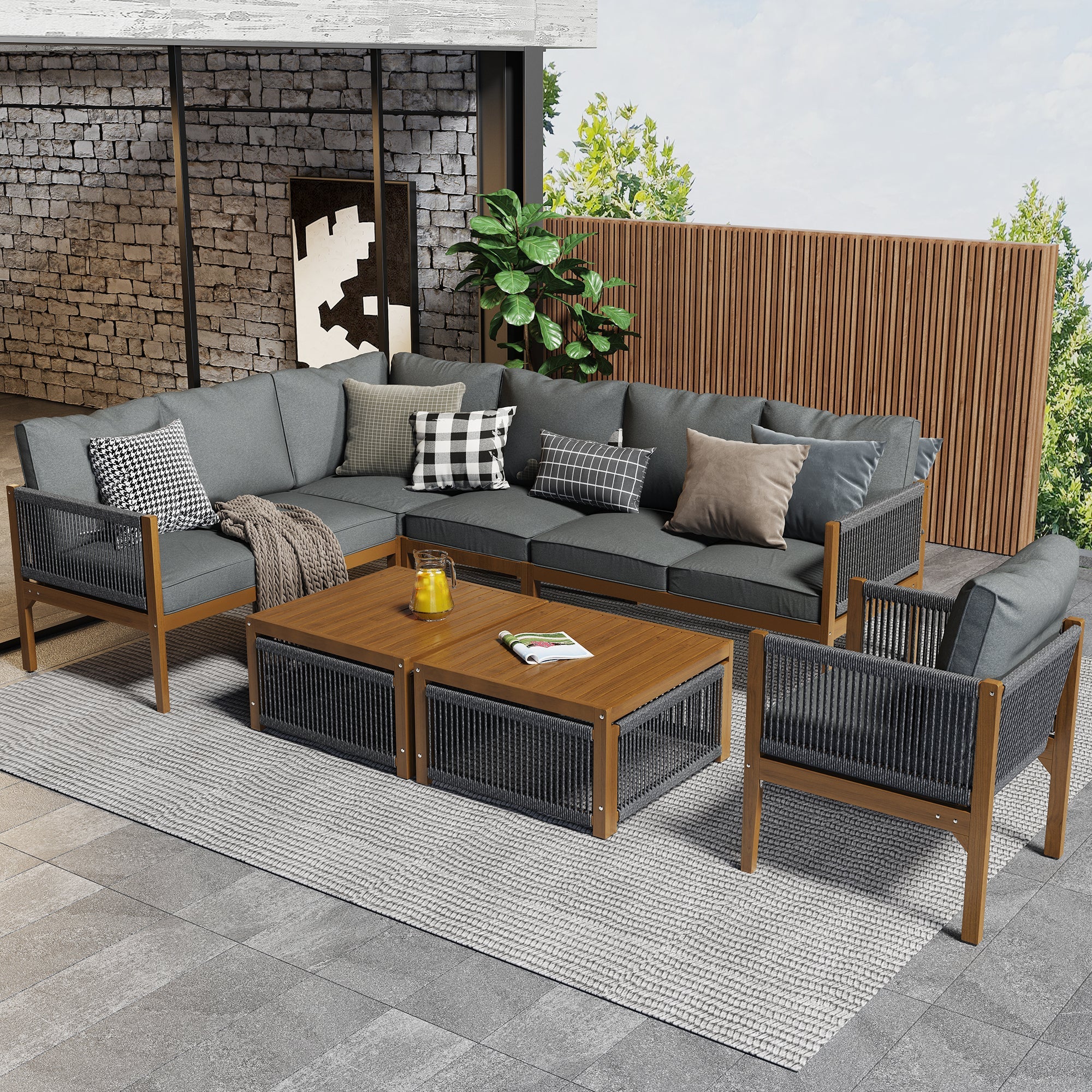 Garden Lounge Set for 7-8 People with Sofa, Table and Washable Cushions, Natural and Grey