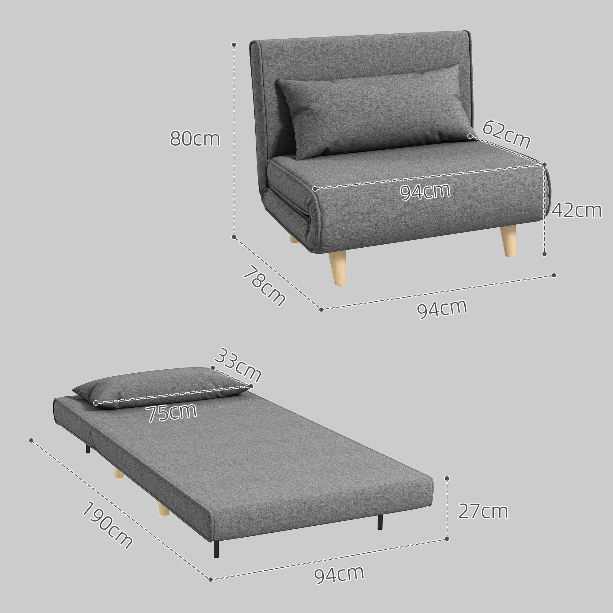 Kleines Einzelschlafsofa, faltbar, verstellbare Rückenlehne, Grau