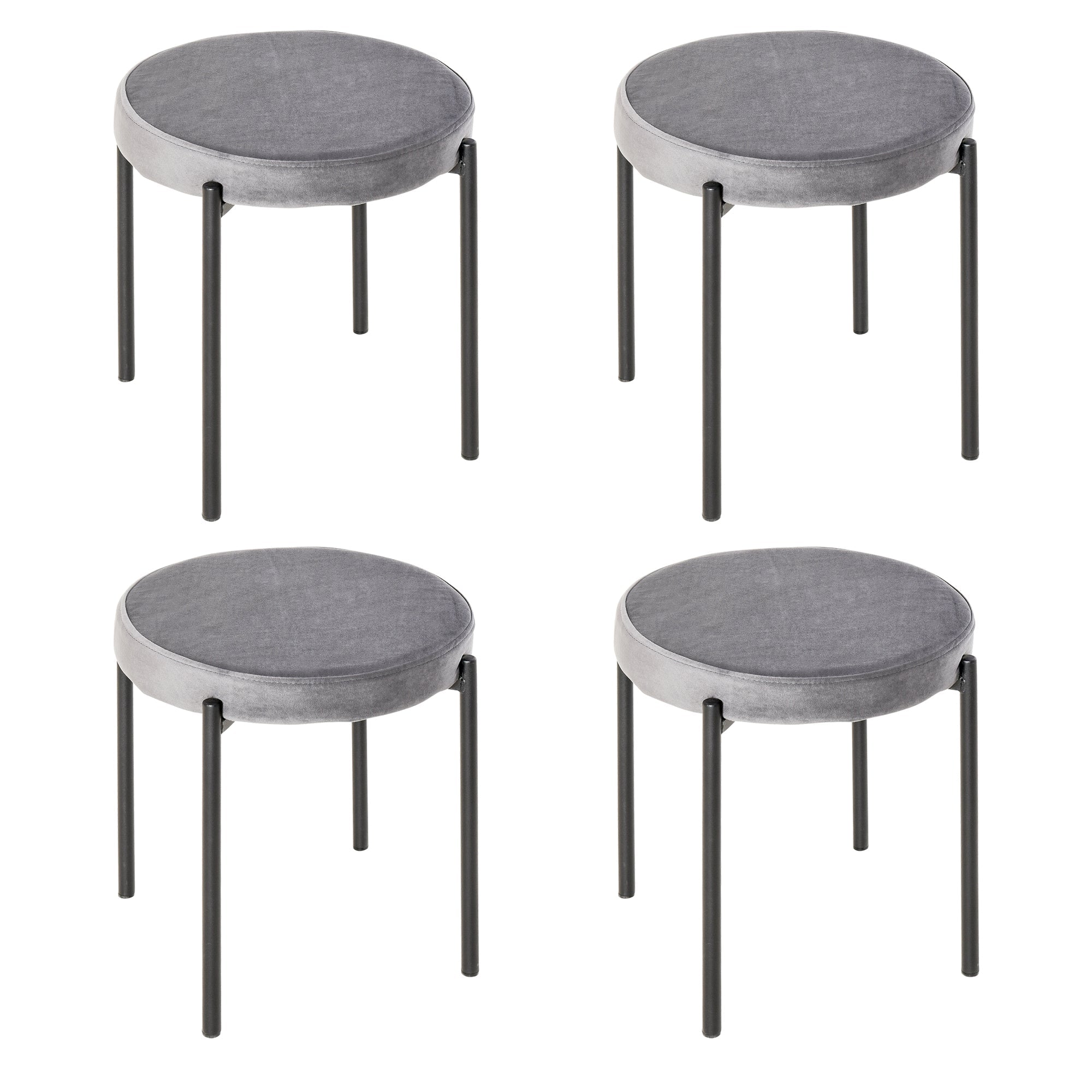 Dining Stools/Kitchen Chairs Set of 4 Stackable Upholstered Velvet Look, Grey Metal