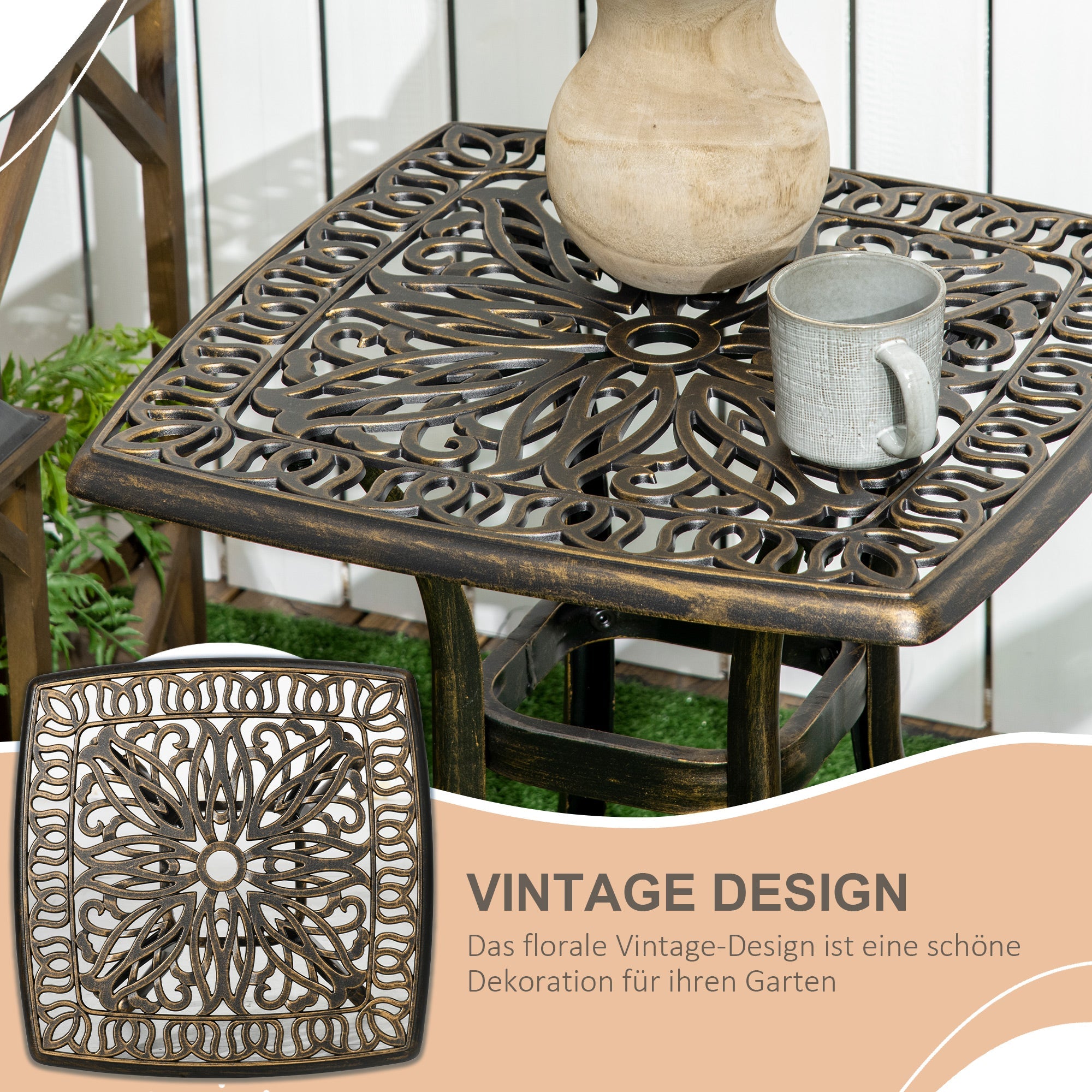 Side Table/Patio Table 54x54x52.5cm Parasol Hole Aluminum Frame Bronze