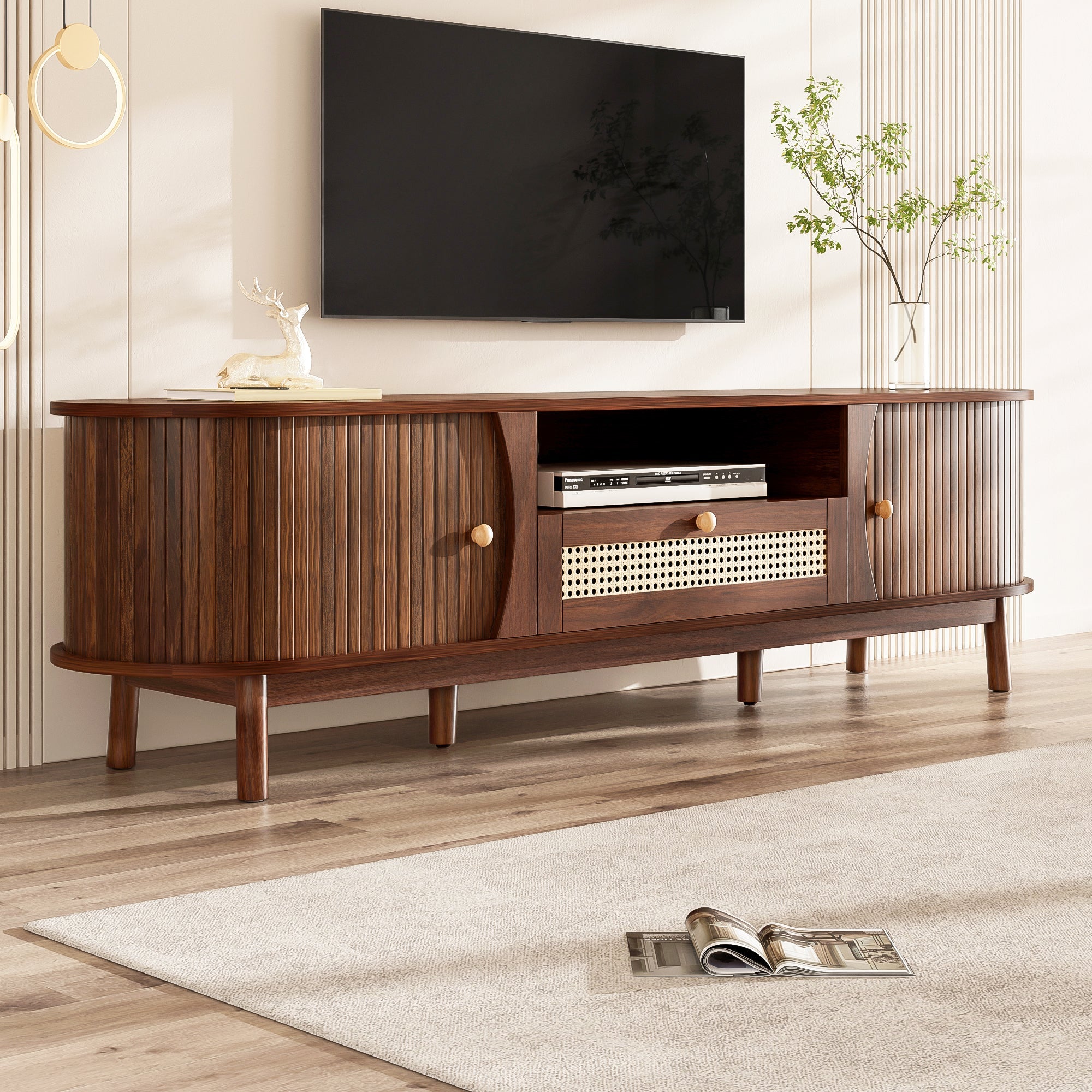 TV Cabinet with Doors and Drawers, Low Storage Solution, Rattan/Solid Wood