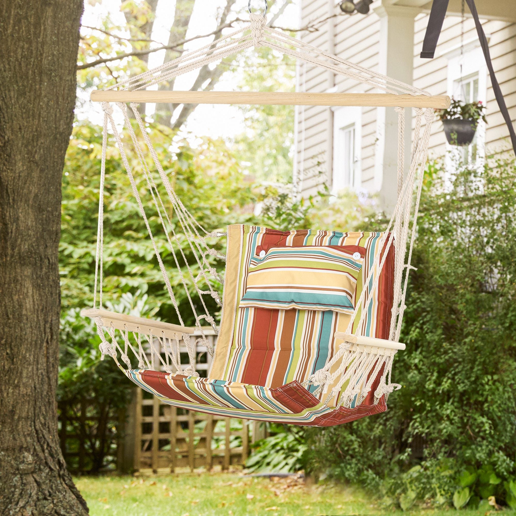 Hanging Hammock Chair Swing Chair, Thick Rope Frame Wide Seat Indoor Outdoor, Multi-Color Stripe