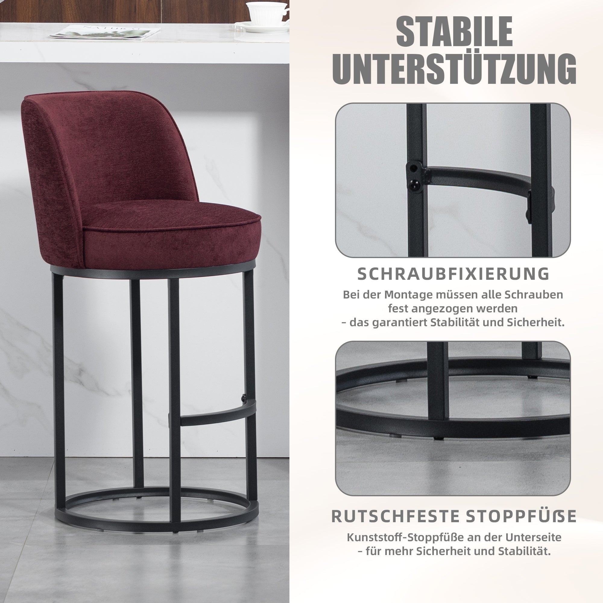 Bar Stools Duo Set with Ergonomic Backrest and Metal Legs, Linen Upholstery