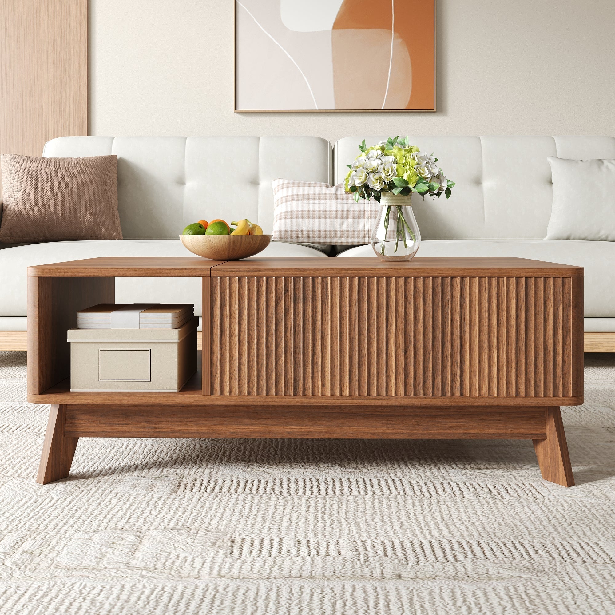 Coffee Table with Lifting Mechanism, Wave Design and Side Compartment, MDF Material