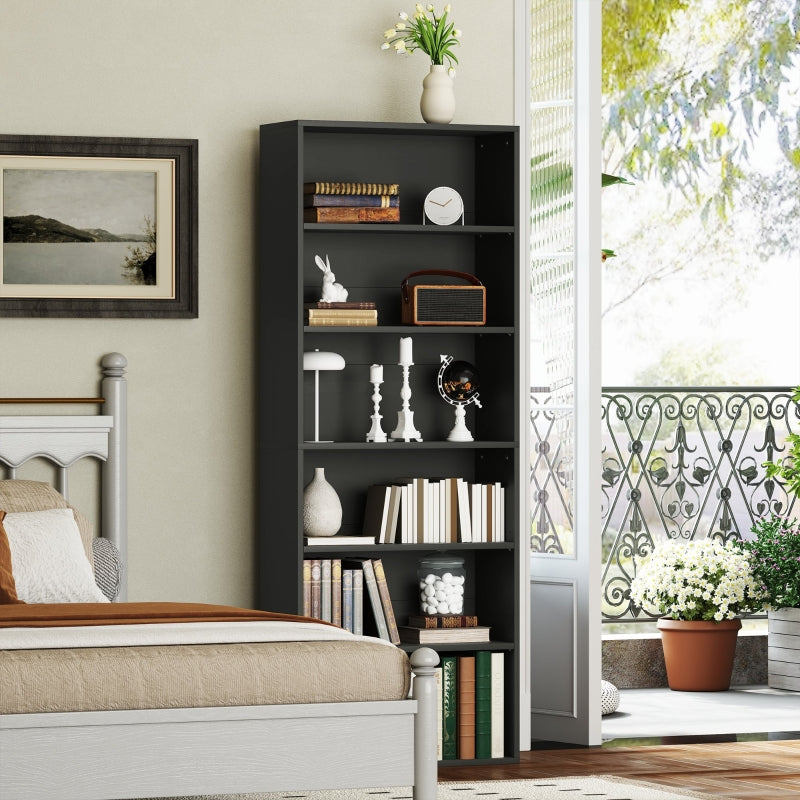 Six Shelf Bookcase, Adjustable Shelves Sturdy Particle Board, Black