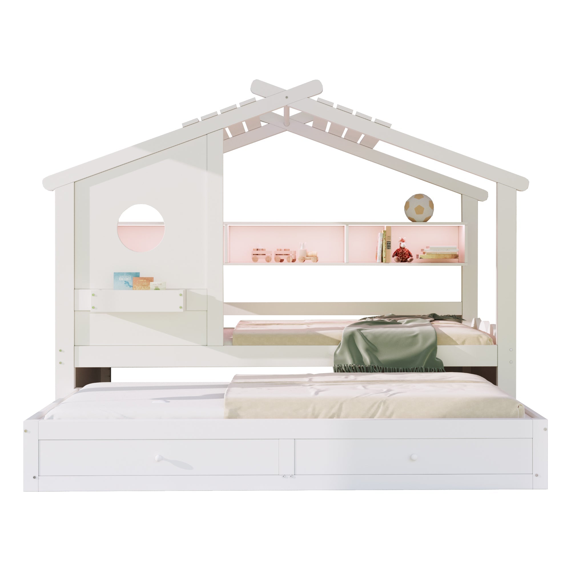 Multifunctional Children's Bed with House Design, Pull-out Bed, Drawers, Shelves, USB and LED, 90x200cm, White