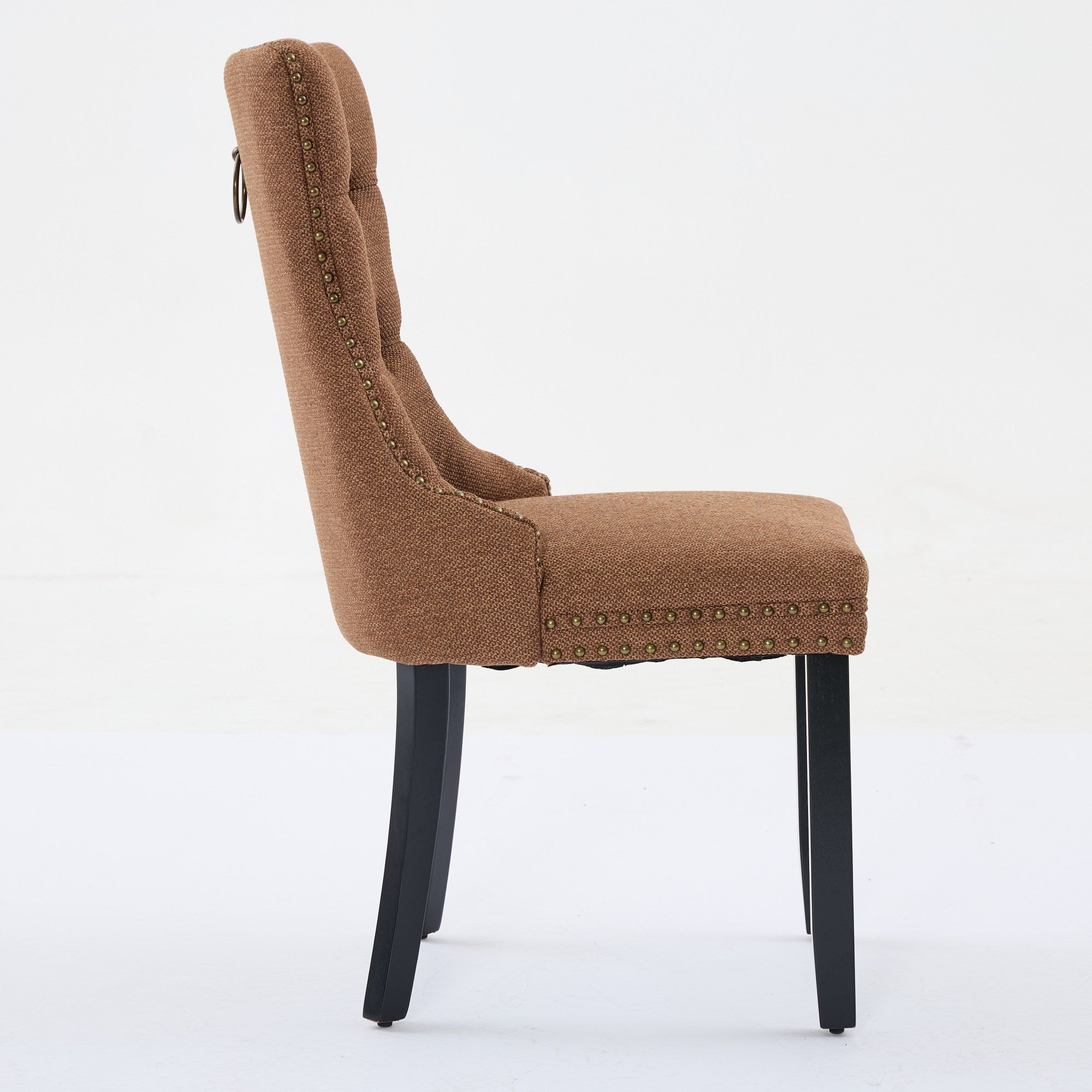 Nikki Collection Tufted Linen Dining Chair Solid Wood Nailhead Trim 2-Pcs Set - Coffee Color
