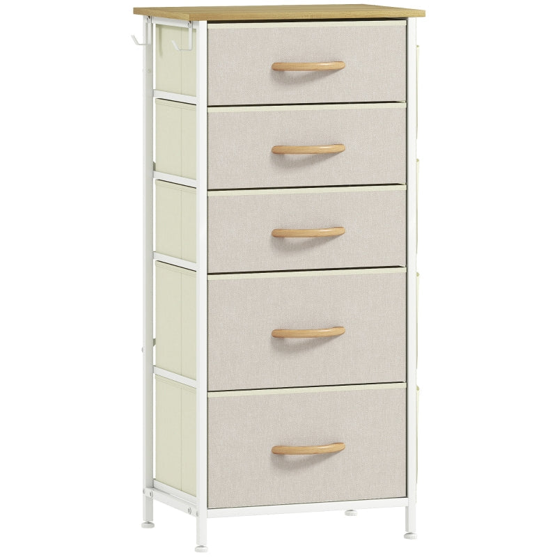 Chest of Drawers, Five Fabric Drawer Storage, Beige