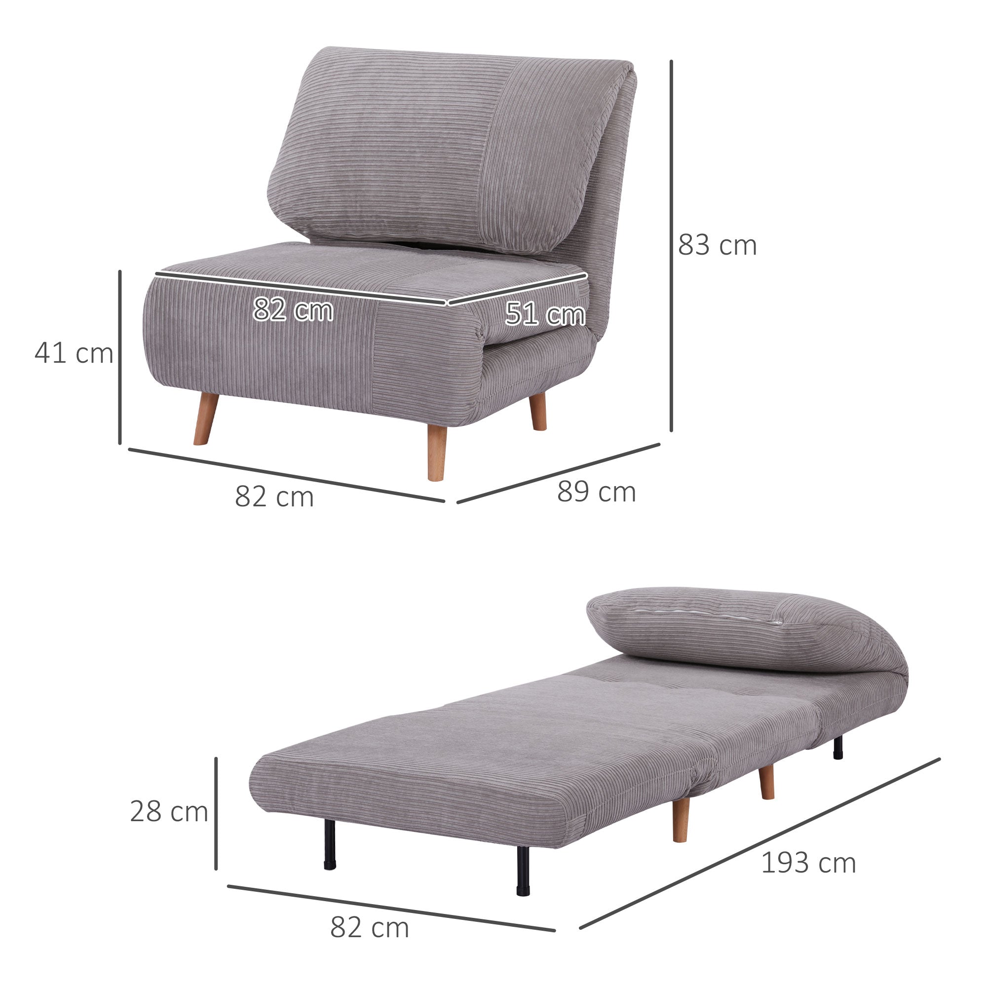 2-in-1 Sofa Bed Sleeper Chair Adjustable Folding Mattress Corduroy Light Grey