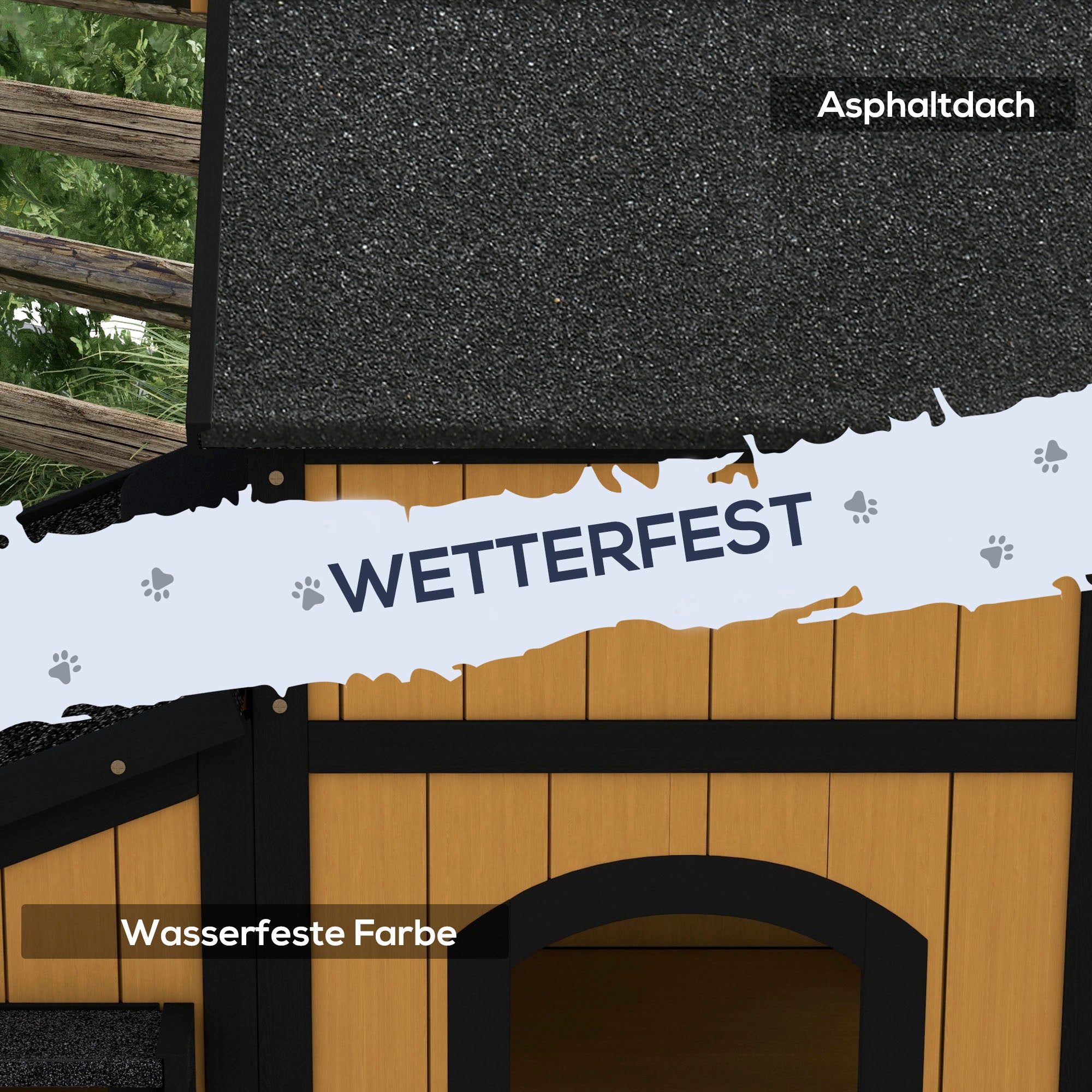 Katzenhaus, 2-stöckige Outdoor-Hütte mit Blumenkasten, Tannenholz Gelb