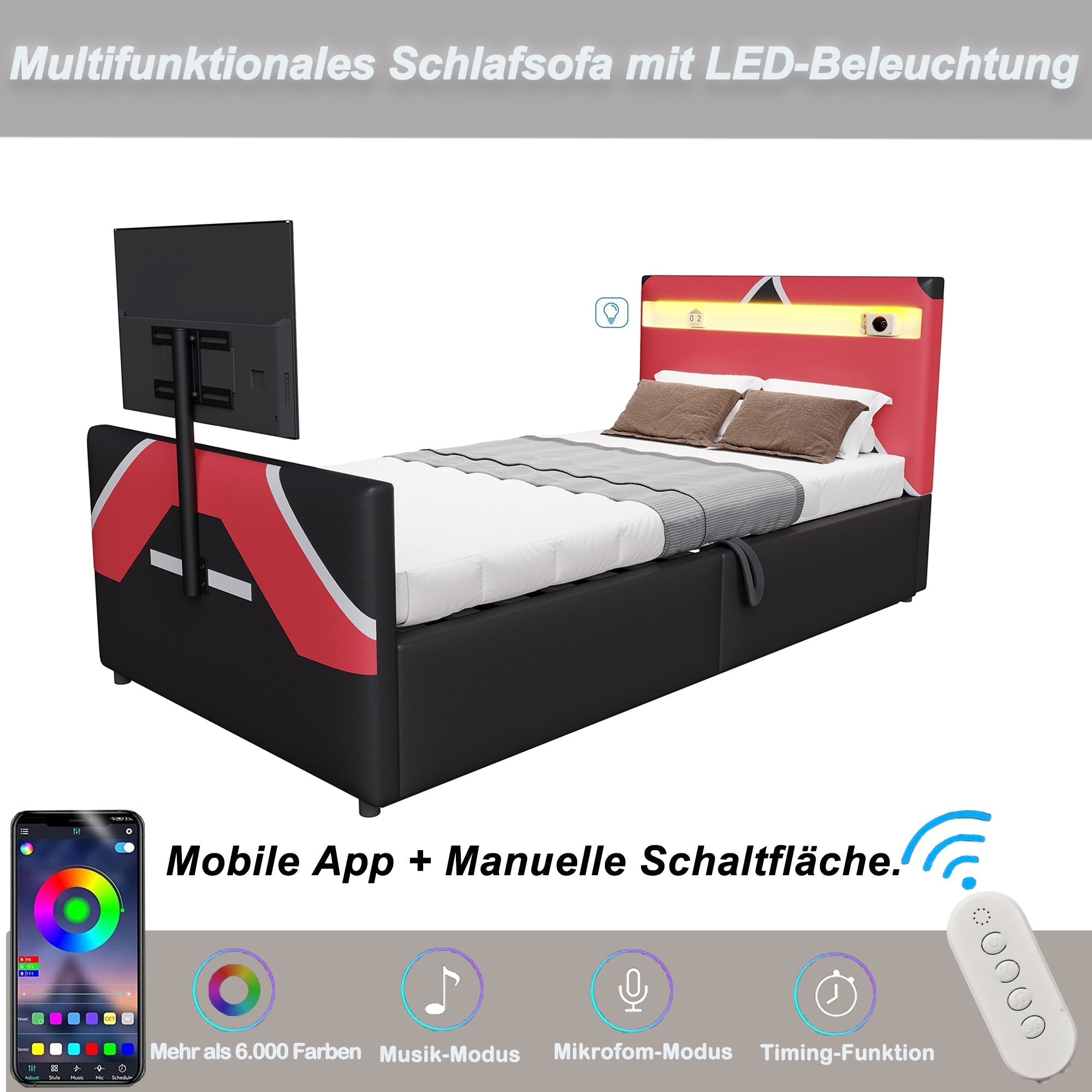 Children's Gaming Bed 90x200 with LED, Hydraulic Storage and TV Mount, PU Leather
