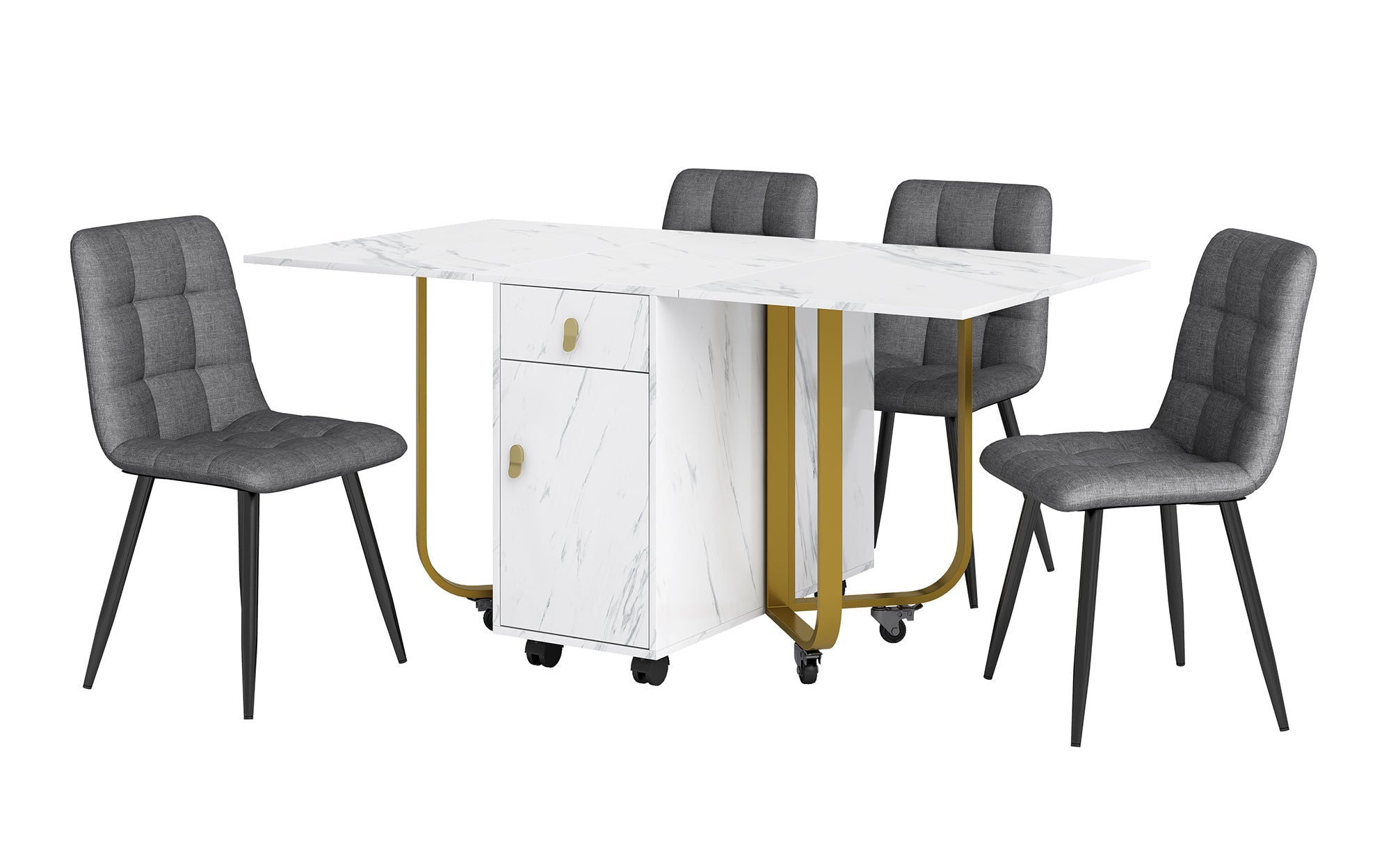Dining Set, Folding Kitchen Table with 4 Linen Chairs, White MDF & Black Legs