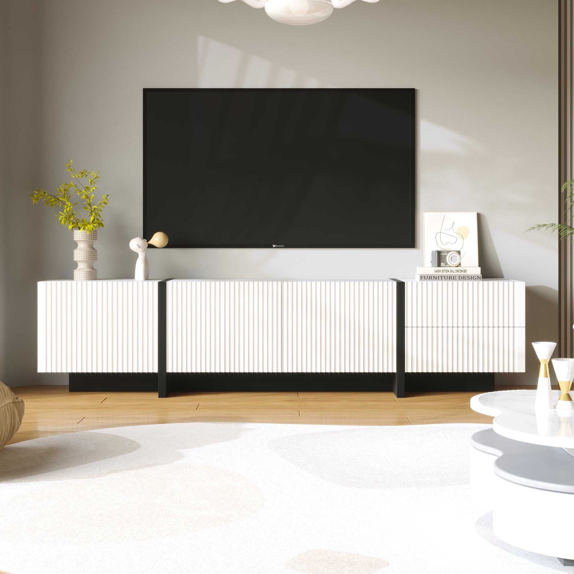 TV Cabinet, 190 cm with 3 Doors & 2 Drawers, White + Black