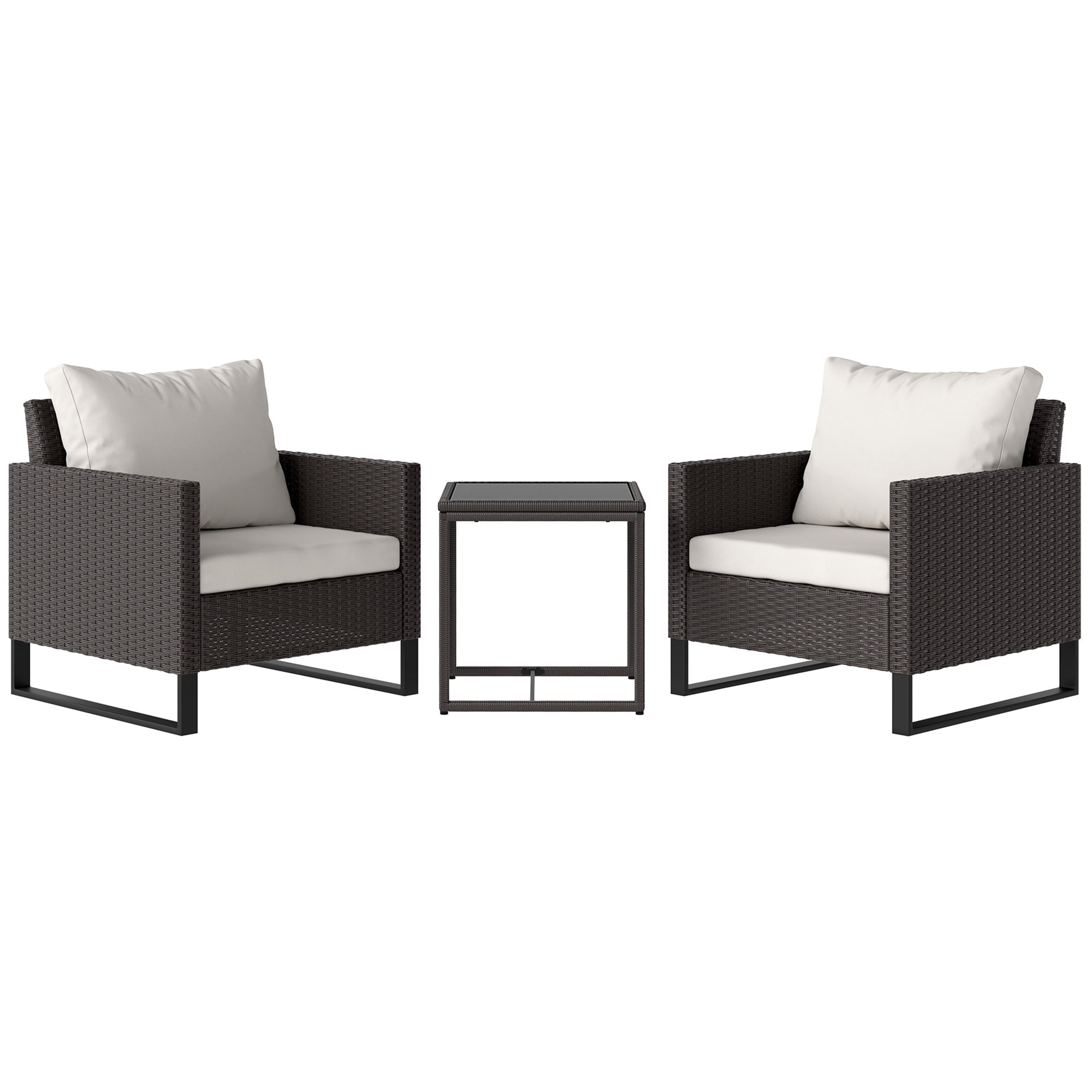 3 Pieces Rattan Bistro Set, 4 Cushions Glass Top, Brown