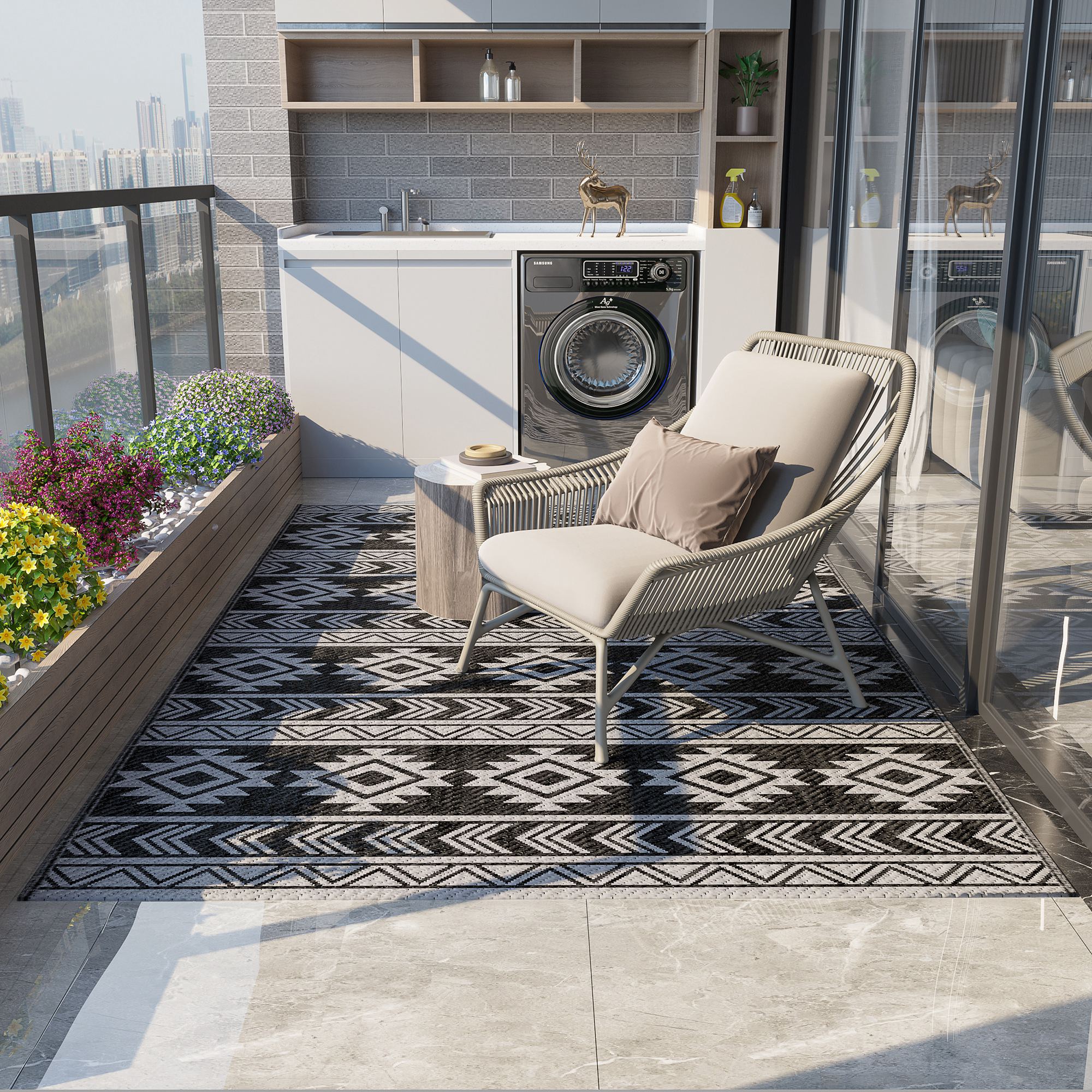 Outdoor Rug, Waterproof Double-Sided Plastic Balcony/Terrace 182x274 cm, Black/Grey