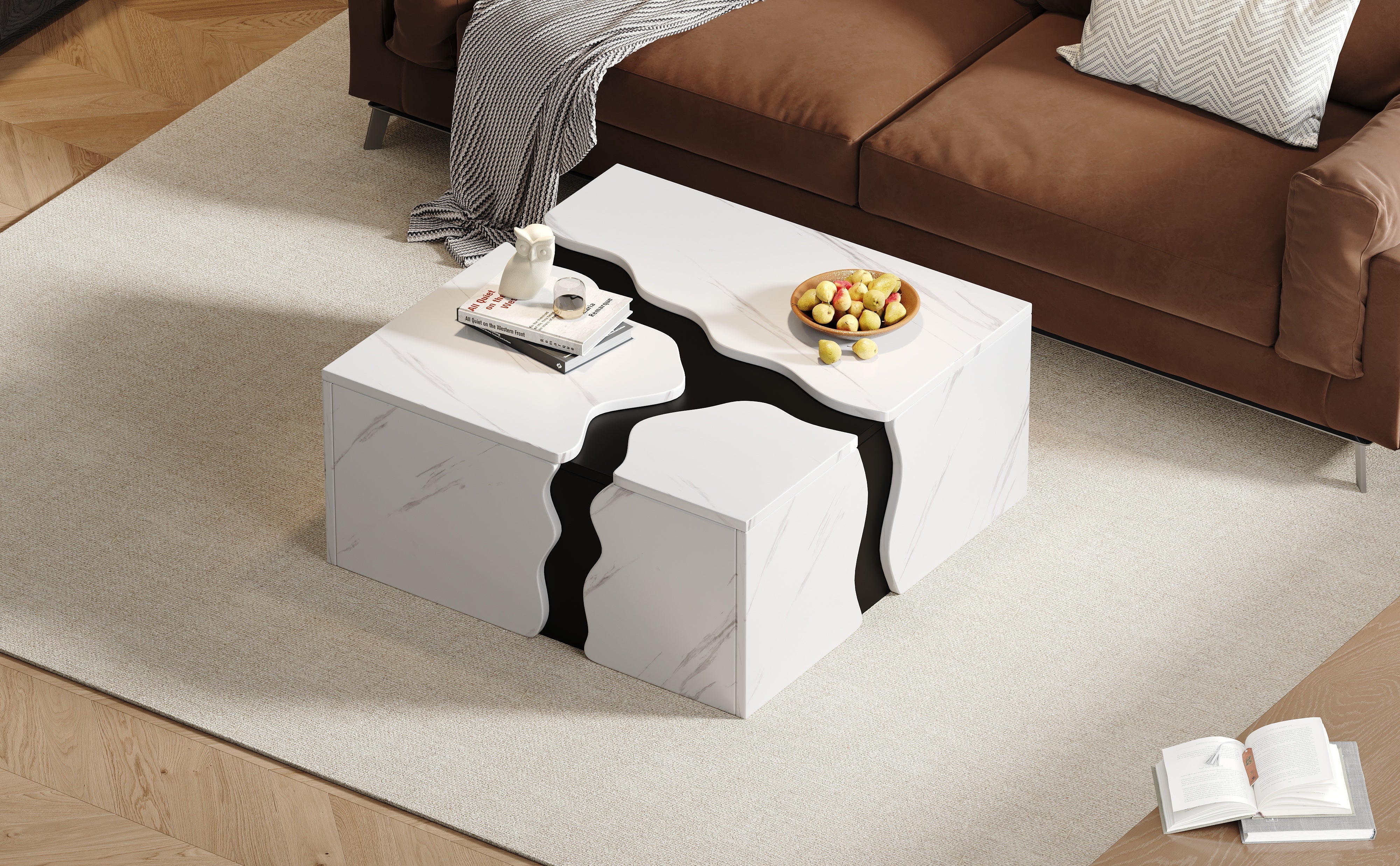 Living Room Coffee Table 70x70x31cm Cube Design Drawer Storage Marble Veneer