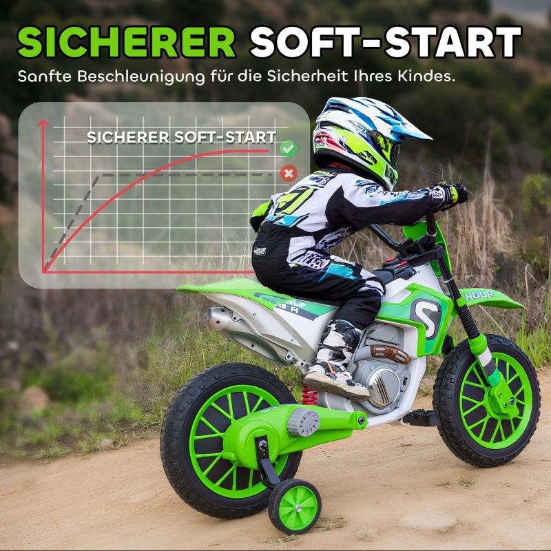 Children's Electric Motorcycle with Training Wheels and 45 Min Driving Time, Green and White