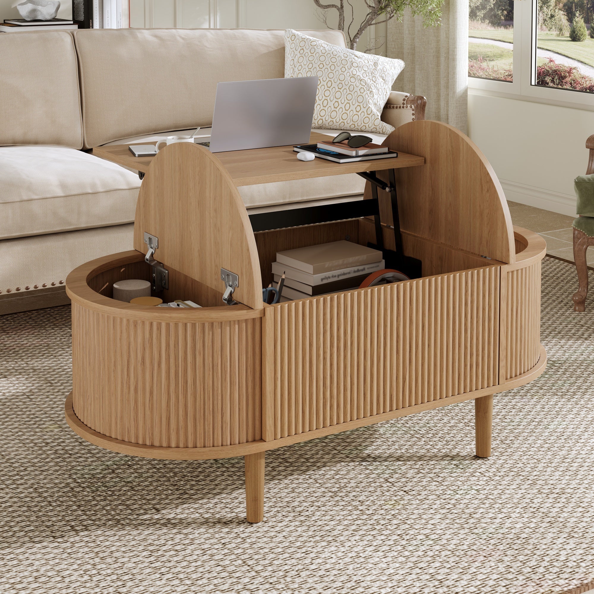 Oval Adjustable Coffee Table with Storage and Multifunctional Design, Vintage Style, Solid Wood Legs