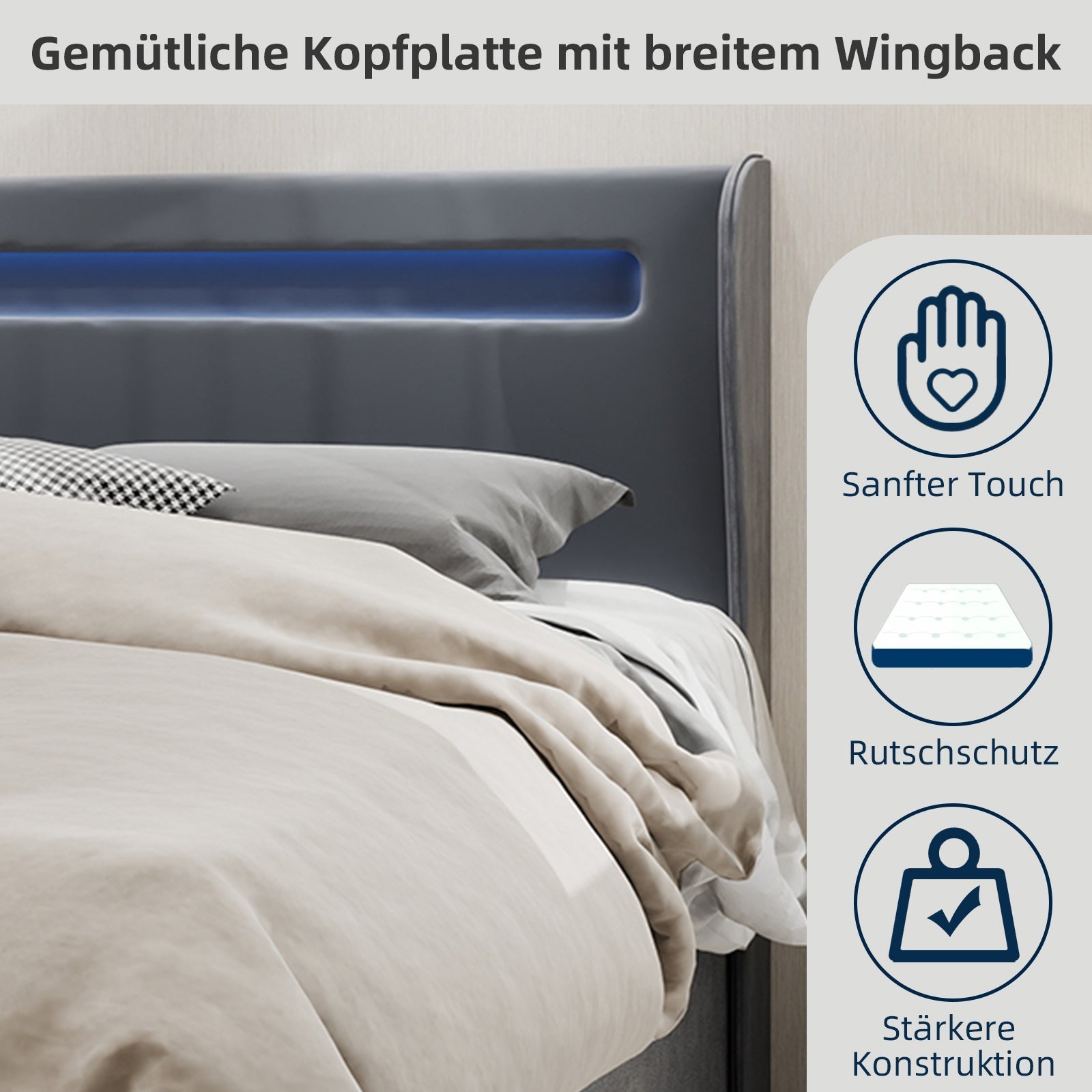 Modern Minimalist Upholstered Bed, LED Headboard, 160x200cm, Grey