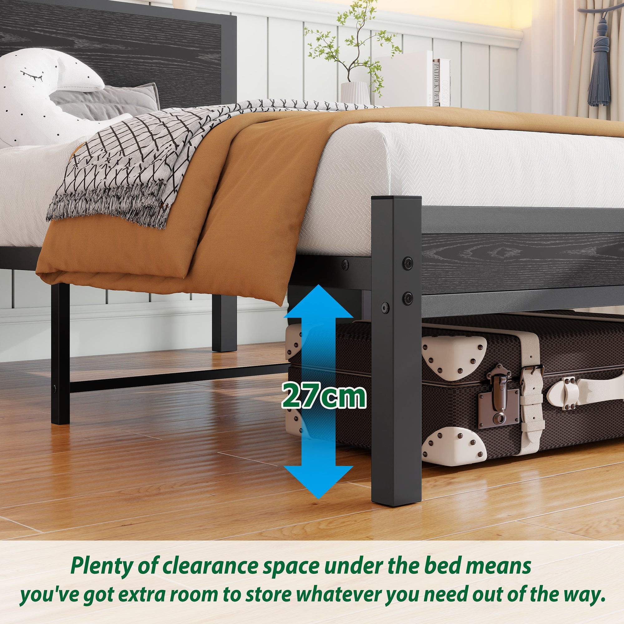Single Metal Bed Frame 90x200cm, Storage Headboard, Noiseless Platform - Black