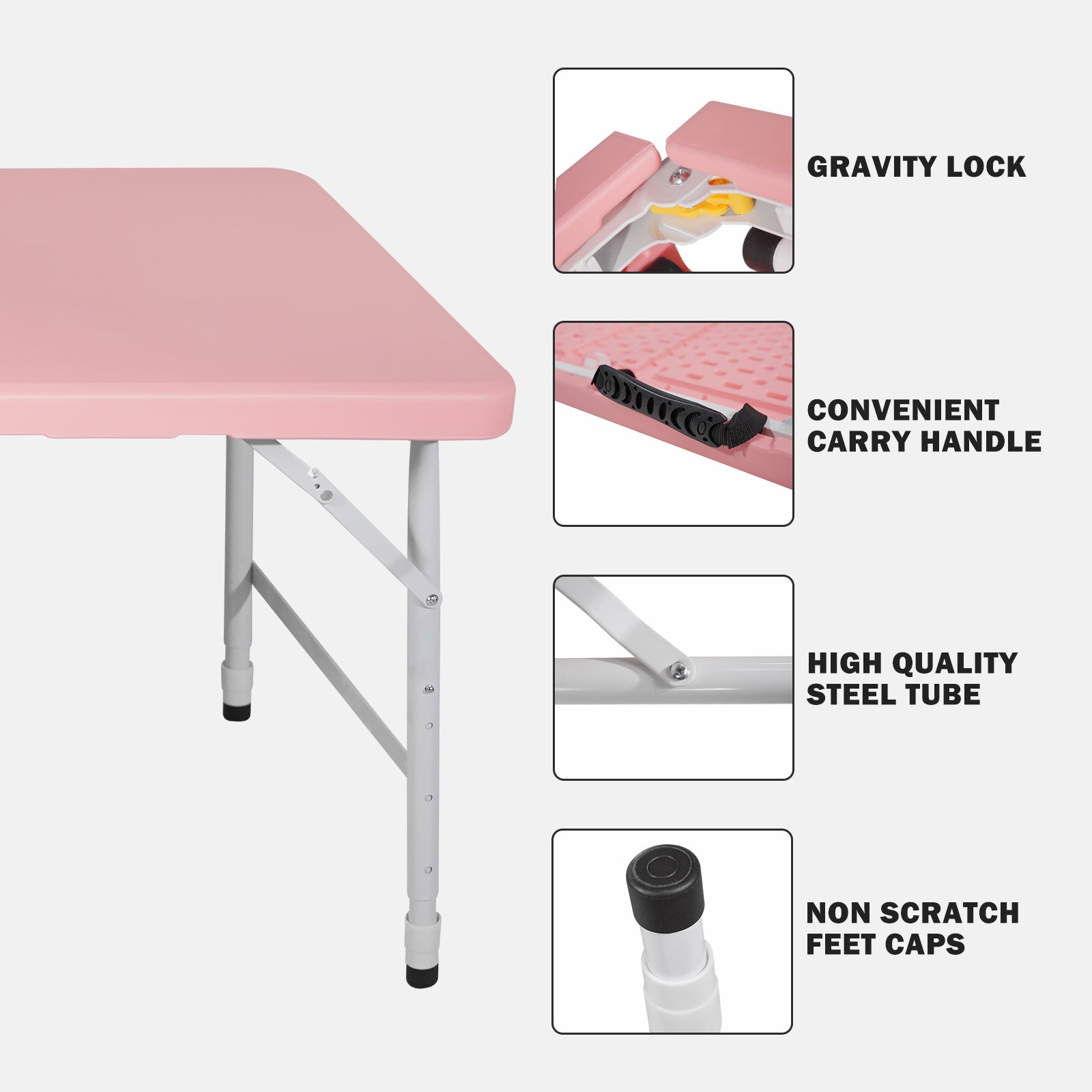 Portable Heavy Duty Folding Table 125cm with Handle, Adjustable Height, Multi-Functional for Camping Picnic Parties, 135kg Capacity, Pink