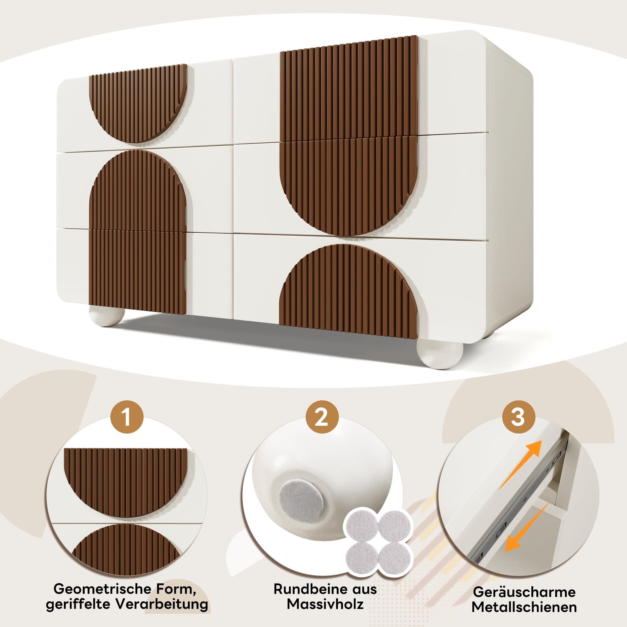 Chest of drawers 6 drawers curved design Elegant white with chocolate-colored wooden trim