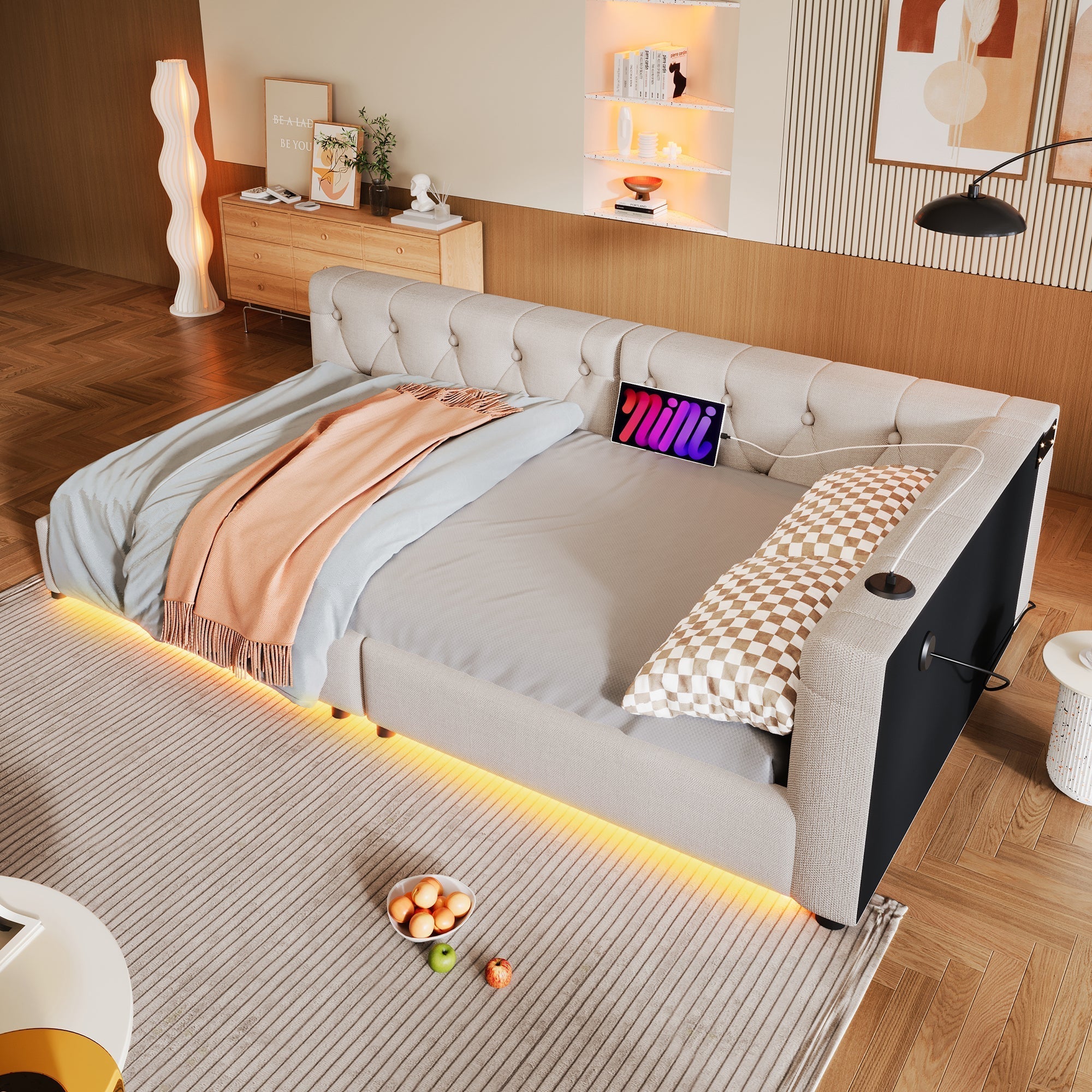 Daybed Sofa Bed 90x200cm LED Light USB/Type-C Button Tufting - Linen Beige